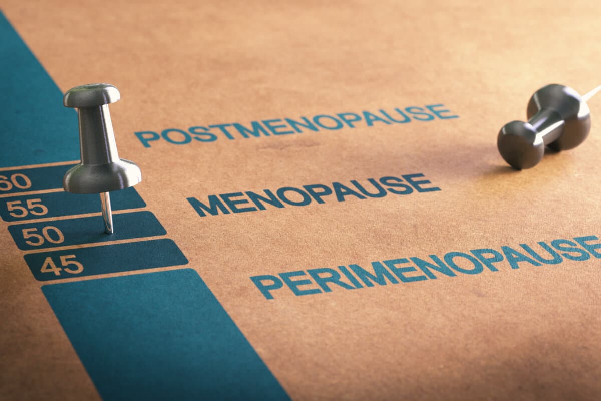 Average menopause age timeline concept on a paper background with pushpin pined on the number 50. 3D render