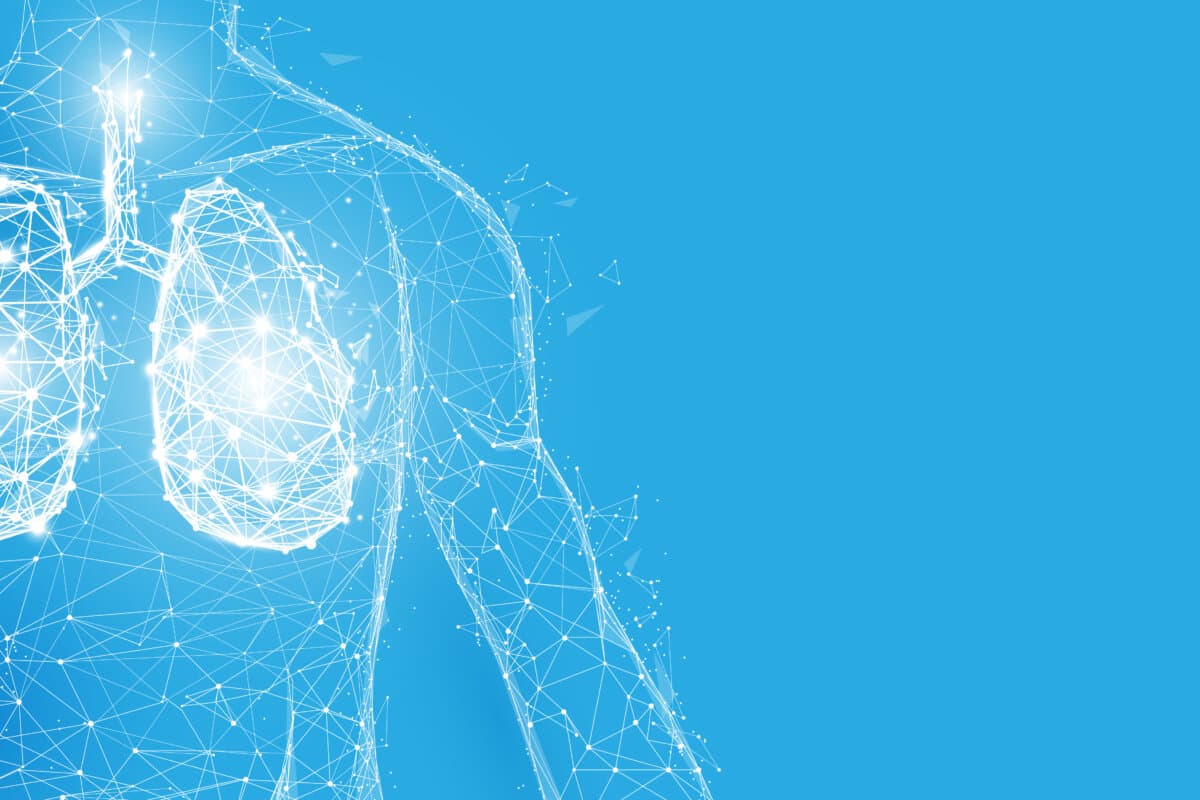 Human lungs anatomy form lines and triangles, point connecting network on blue background. Illustration vector