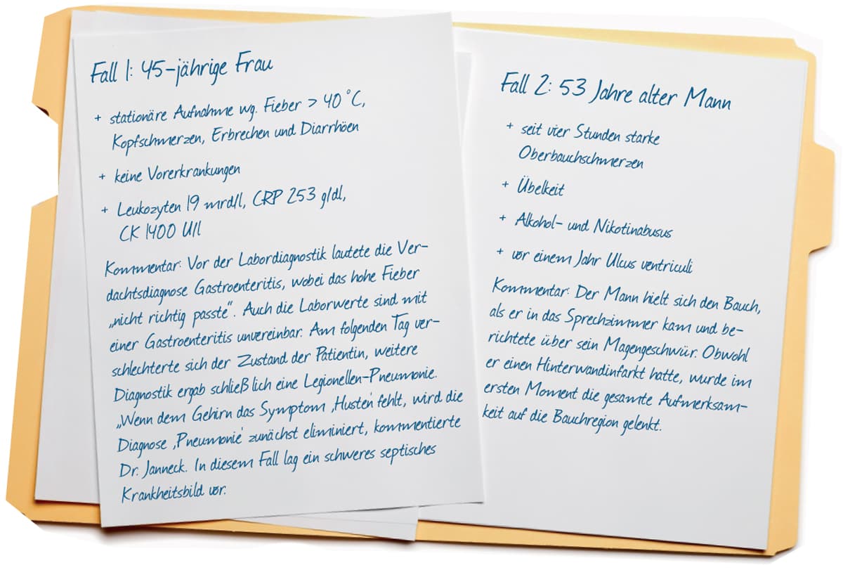 In Fall 1 wurde trotz typischer Klinik nicht an die seltene Erkrankung gedacht. Fall 2 zeigt, wie ein häufiges Bild in die Irre führen kann.