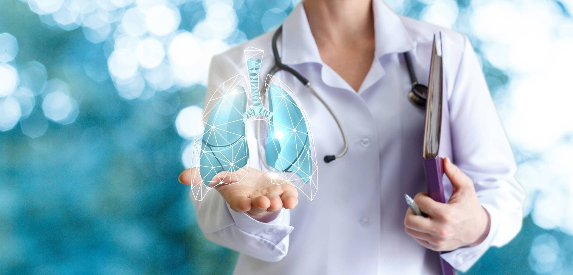 Doctor shows human lungs on blurred background.