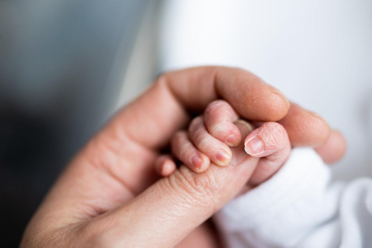 Hand eines neugeborenen Babys, das gerade geboren wurde und den Finger der Hand seines Vaters hält.