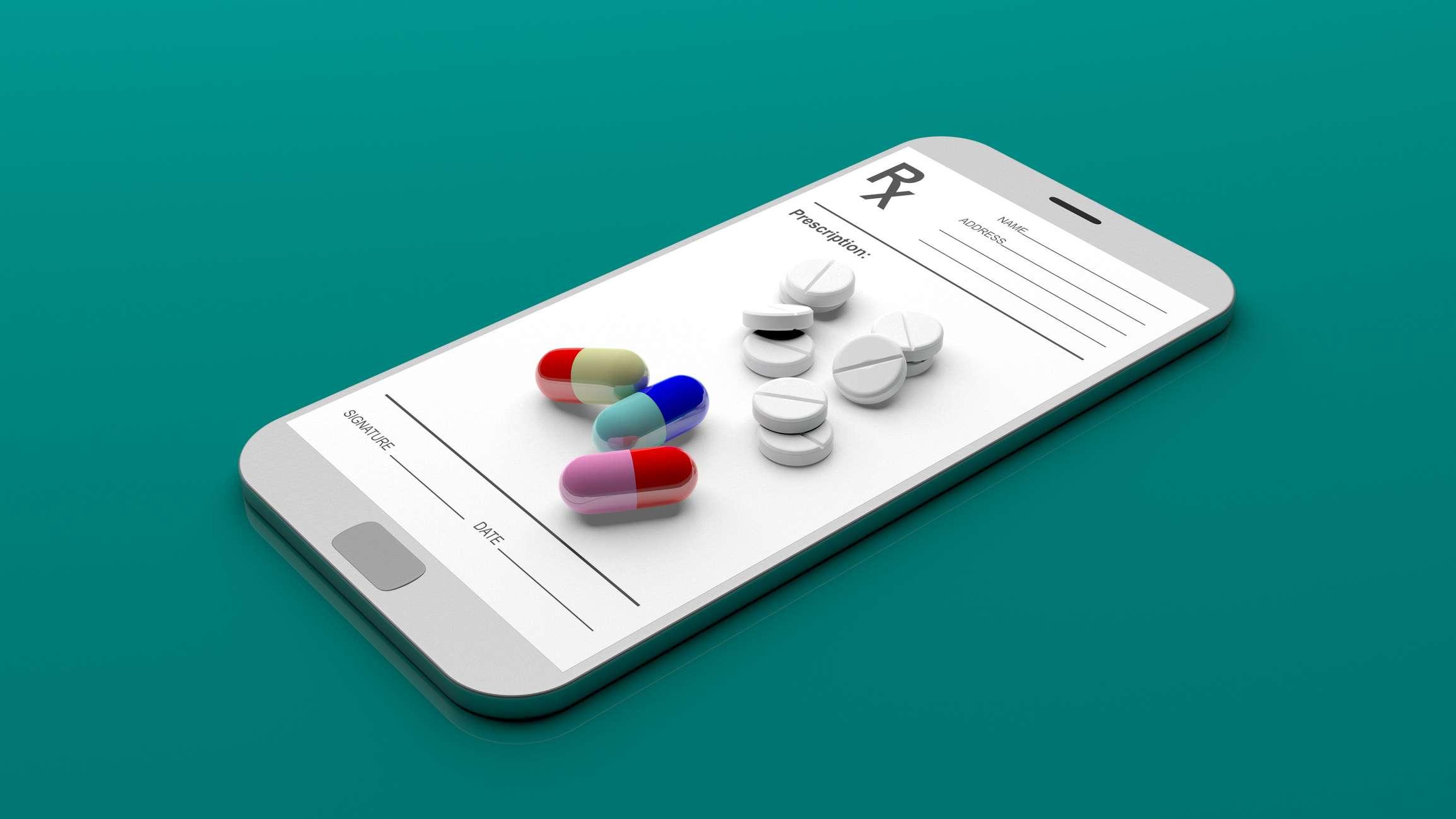 Pillen und Rezept auf einem Smartphone auf grünem Hintergrund. 3D-Darstellung