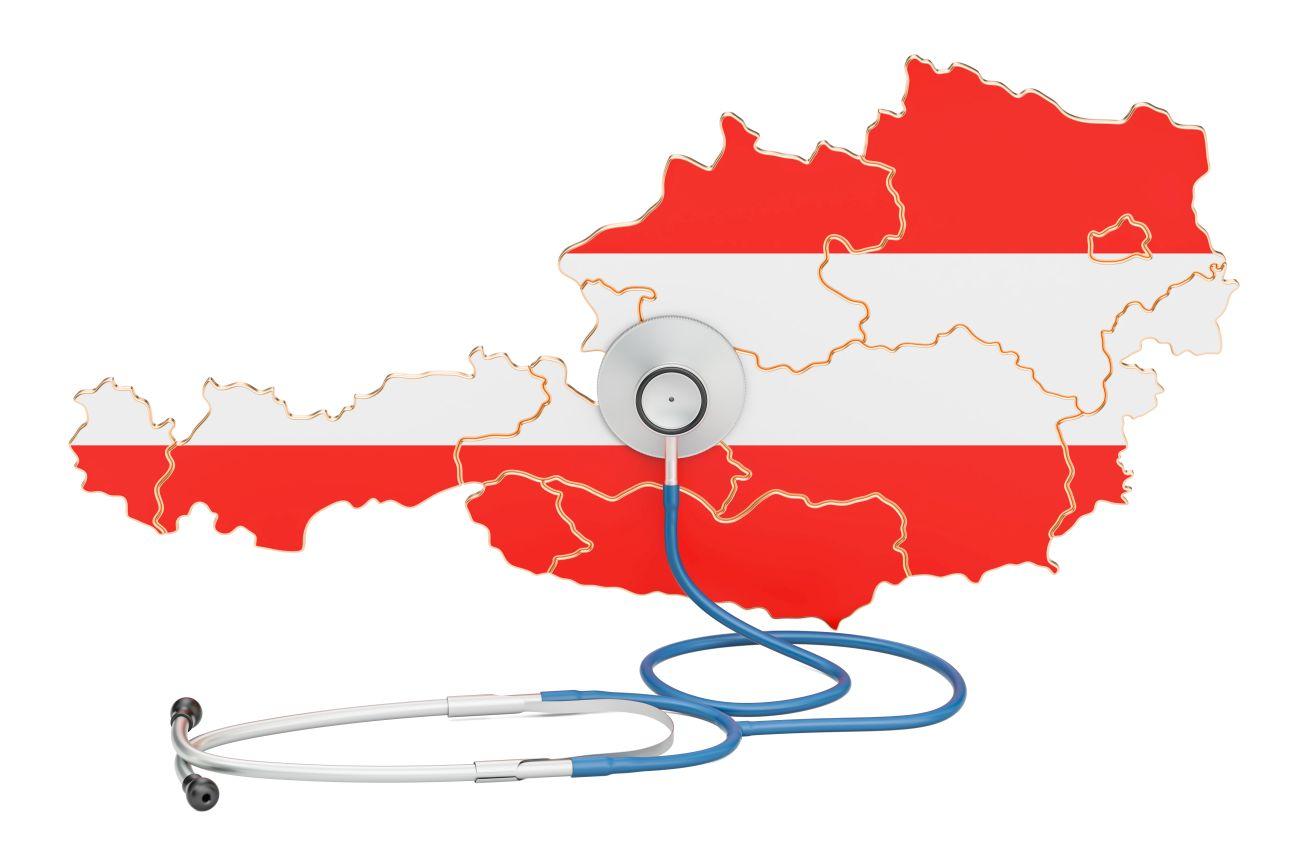 Österreichische Karte mit Stethoskop, nationales Gesundheitskonzept, 3D-Rendering