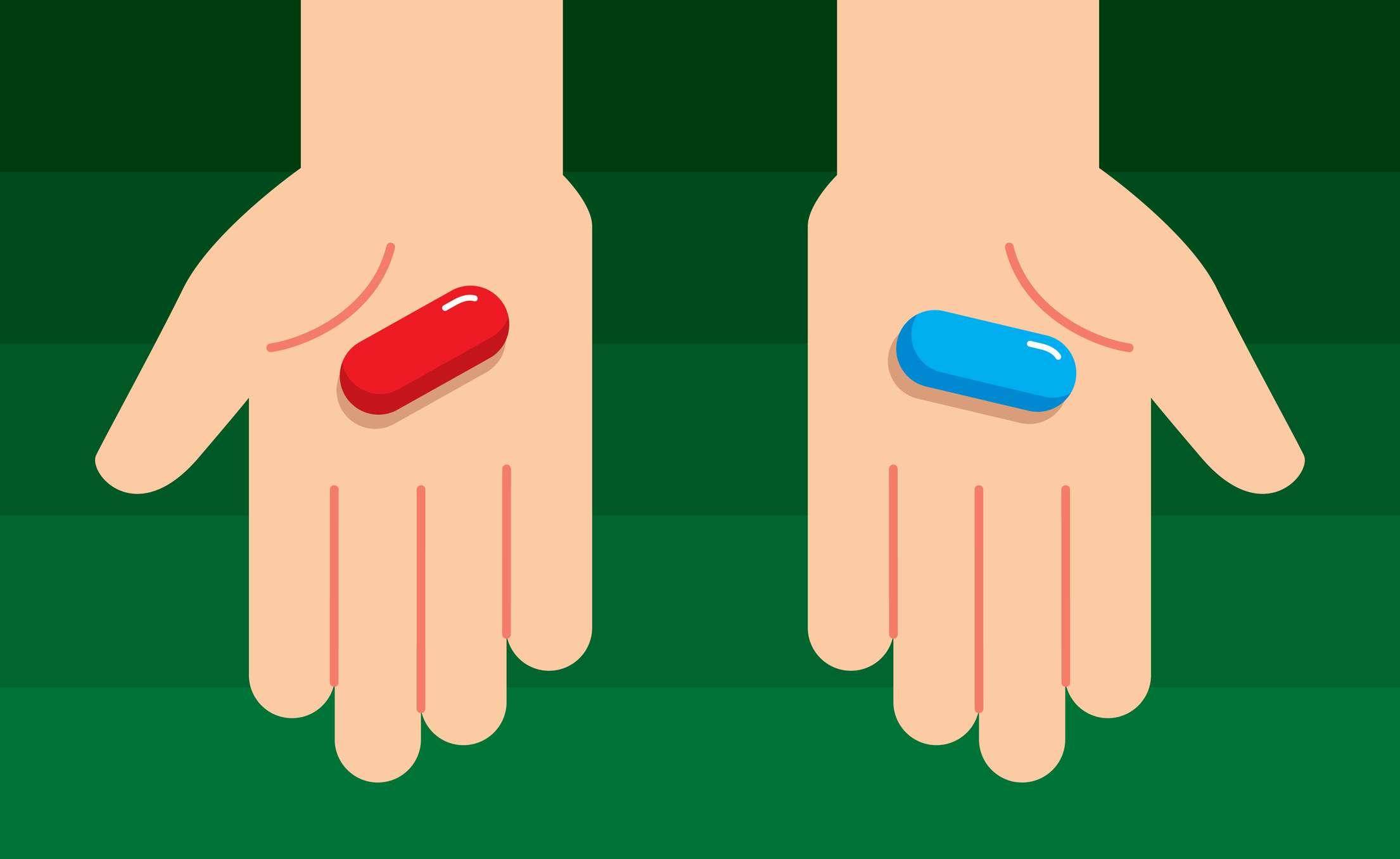 Vector Illustration eines Paares Hände, die rote und blaue Pillen gegen einen grünen Hintergrund im flachen Stil halten.