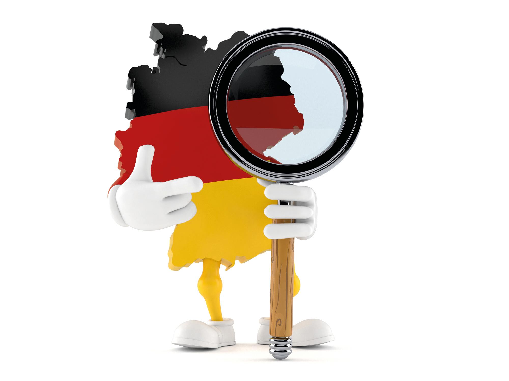 Deutscher Charakter mit Lupe isoliert auf weißem Hintergrund. 3D-Darstellung