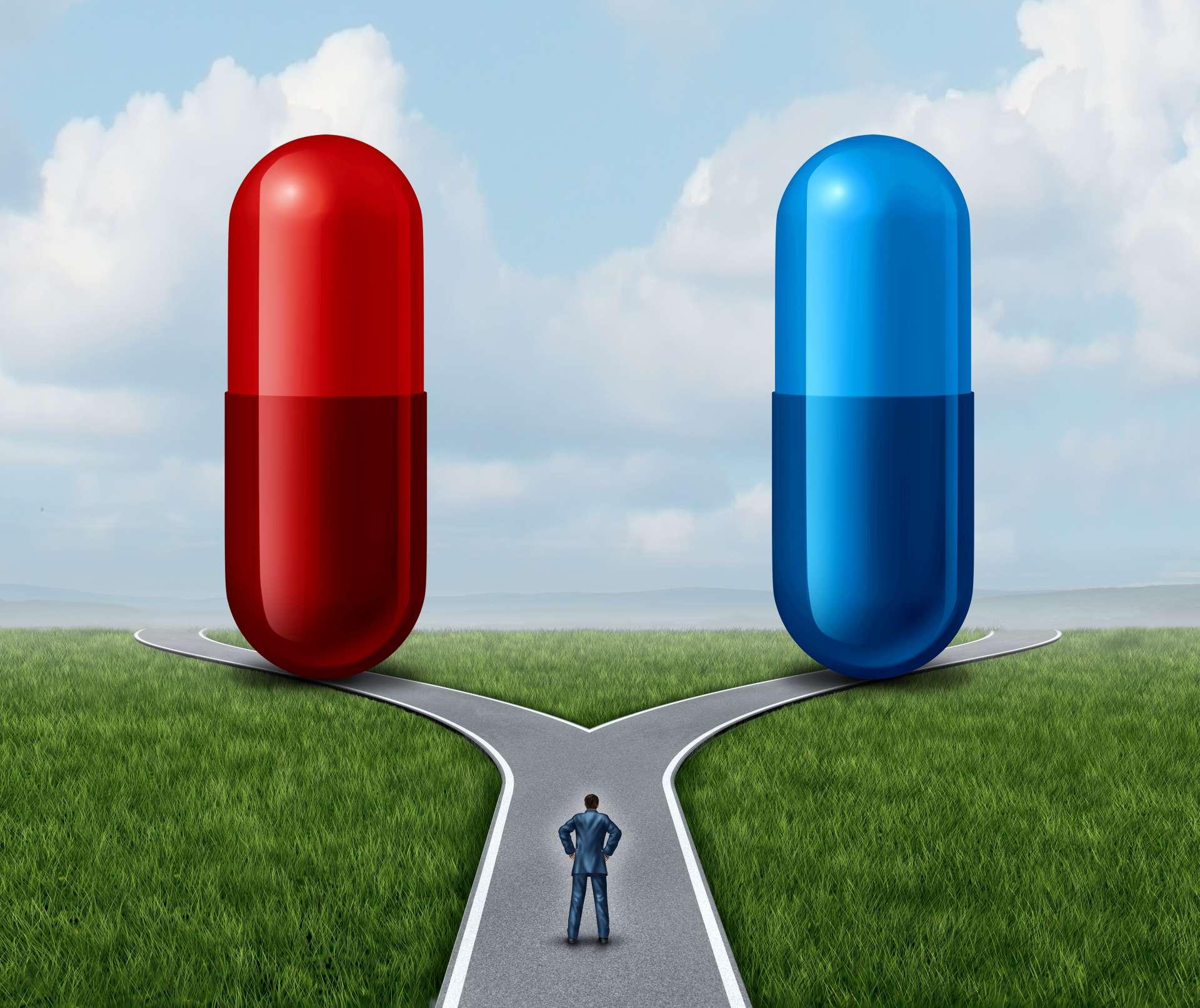 Rote und blaue Pillenwahl