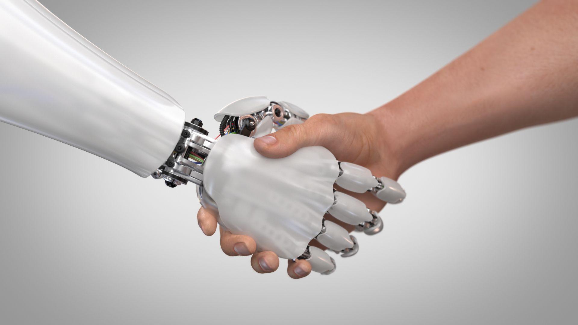 Roboter und Mann Händeschütteln. 3D-Rendering