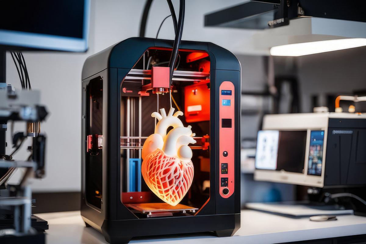 Medicine 3d printer for organ heart printed. Concept new technology transplant.