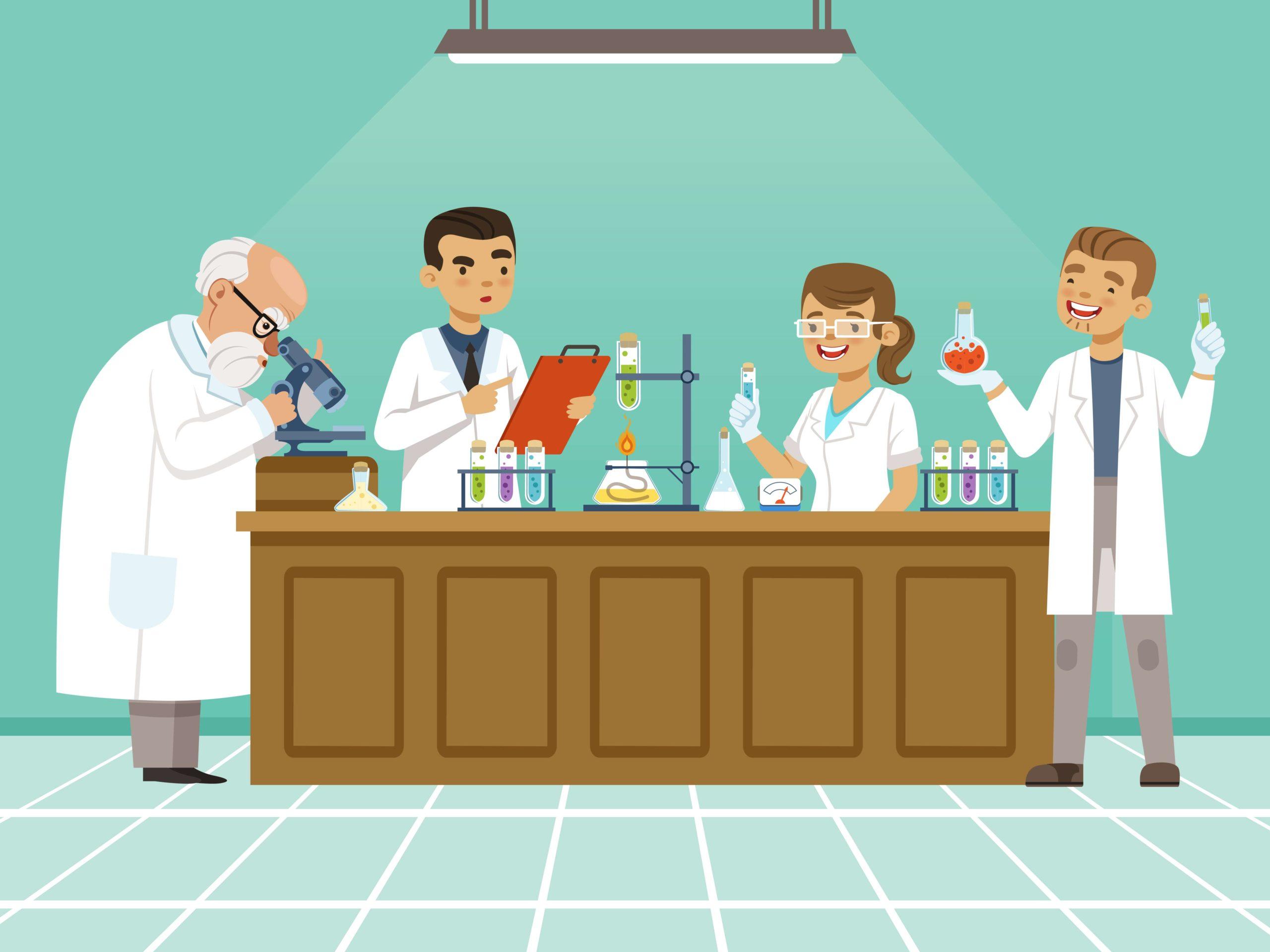 Professionelle Chemiker machen in ihrem Labor verschiedene Experimente auf dem Tisch. Männliche und weibliche medizinische Fachkräfte