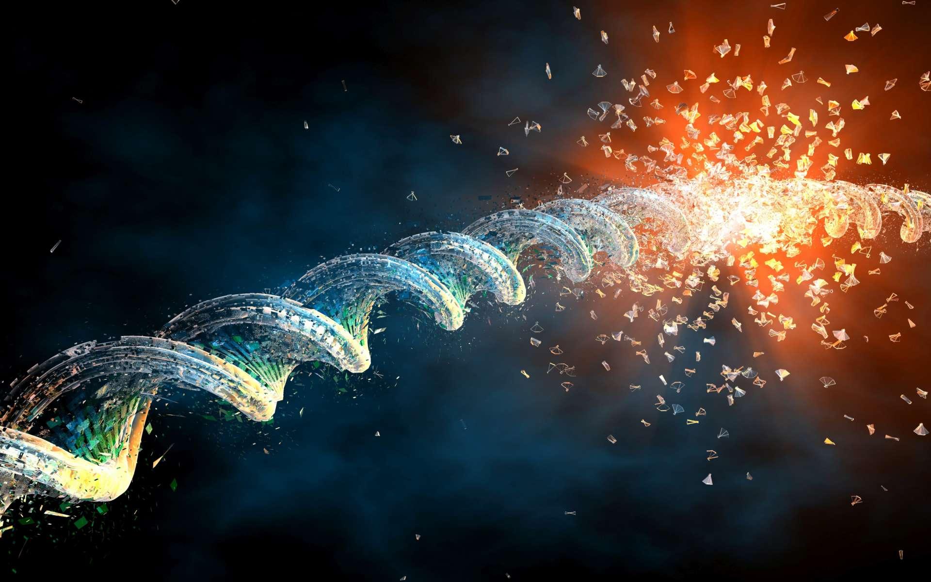 Computergeneriertes Bild, das einen explodierenden DNA-String darstellt. Dies ist eine fiktive Wissenschaft 3D-Illustration, die DNA zeigt.