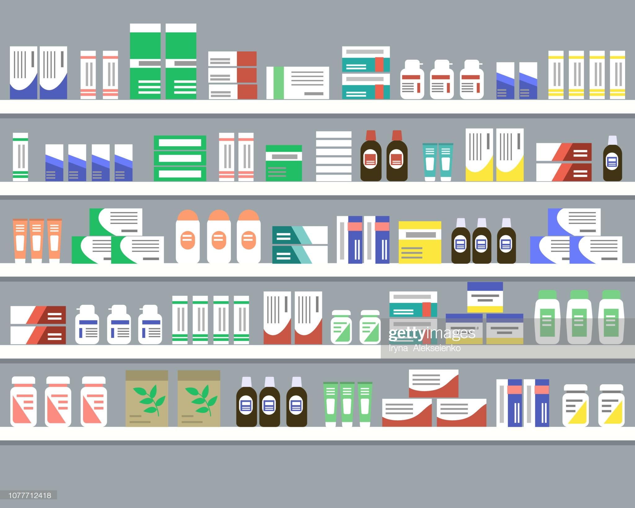 Regale mit Medikamenten. Objekte für ein Apothekeninterieur. Vektor-Illustration.