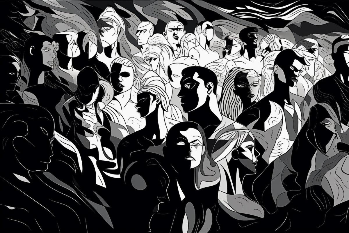 Abstract group of crowded people black and white illustration. Mob of people. Pulse of the Crowd. Confusion of people. Generative AI