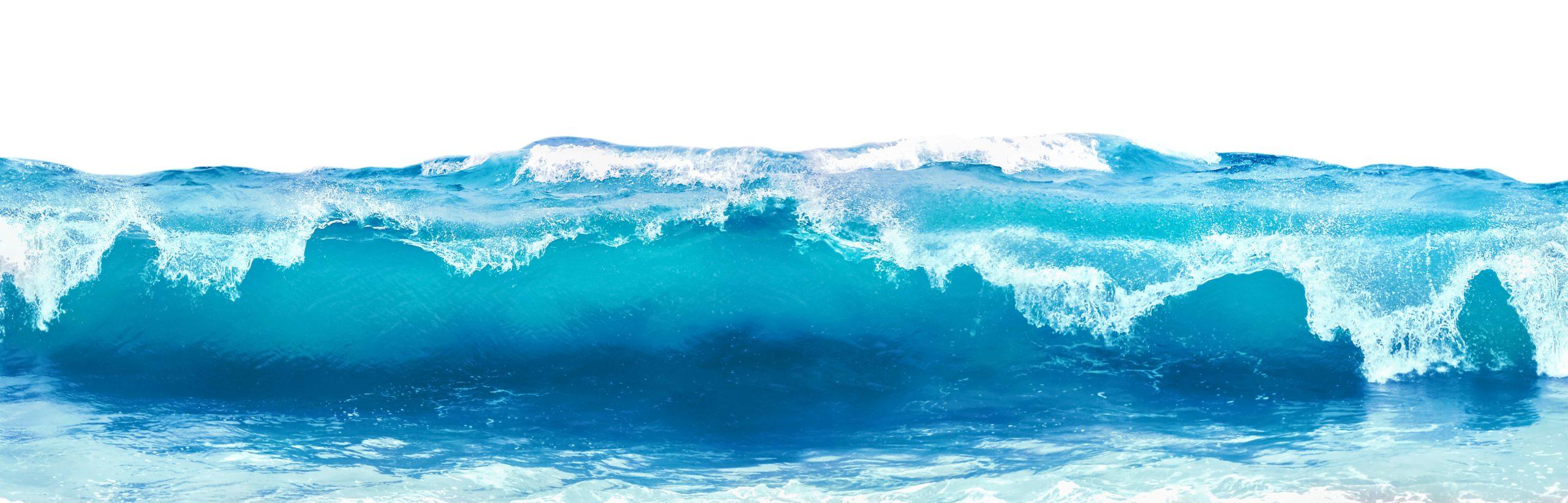 Blaue Meereswelle mit weißem Schaum lokalisiert auf weißem Hintergrund.