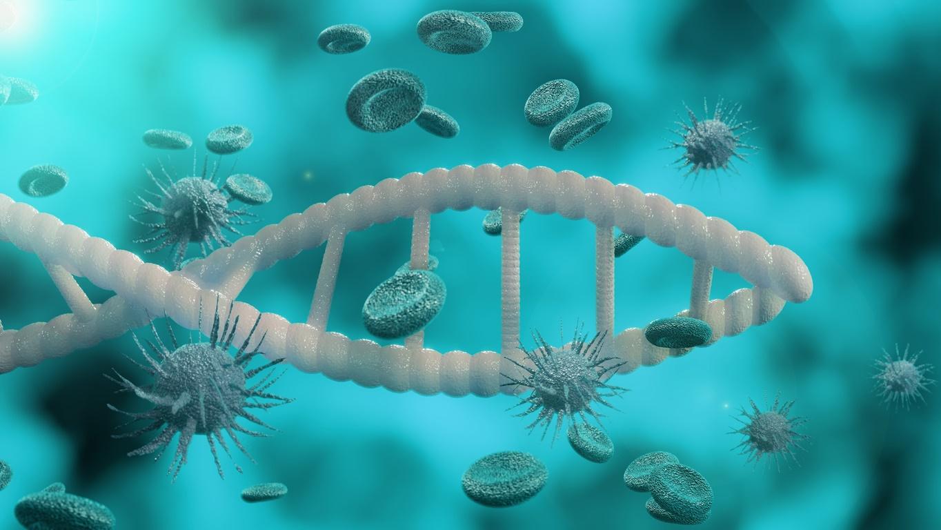 DNA-Zellstrukturbiologiemikroskop und Virus in Blutzellen, genetische Mutation, Coronavirus 2019-nCov neuartiges Konzept, Koronapandemie, Krebszelle, Influenzavirus h1n1, Grippe, 3D-Rendering.