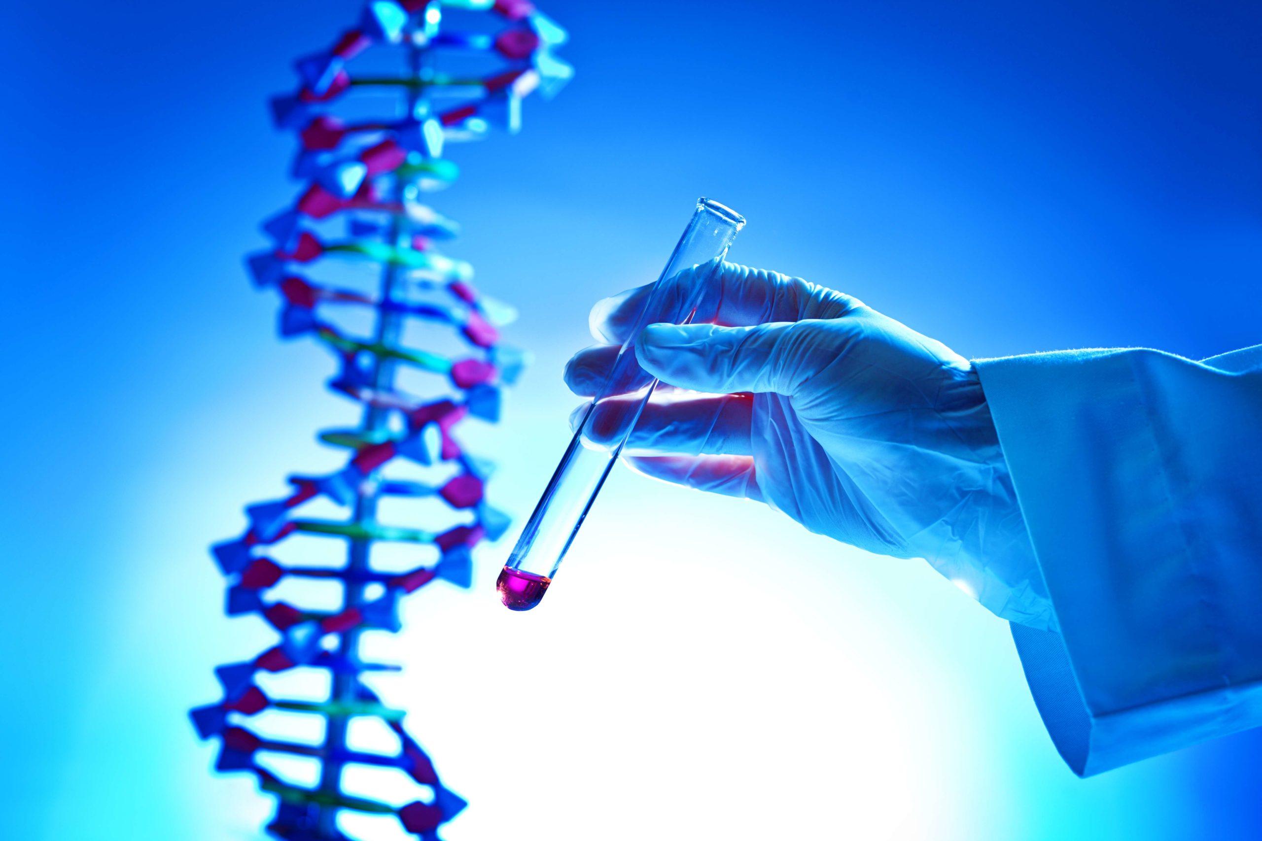 Hand hält ein Reagenzglas für chemische Lösungen in einem DNA-Forschungslabor für Biochemie
