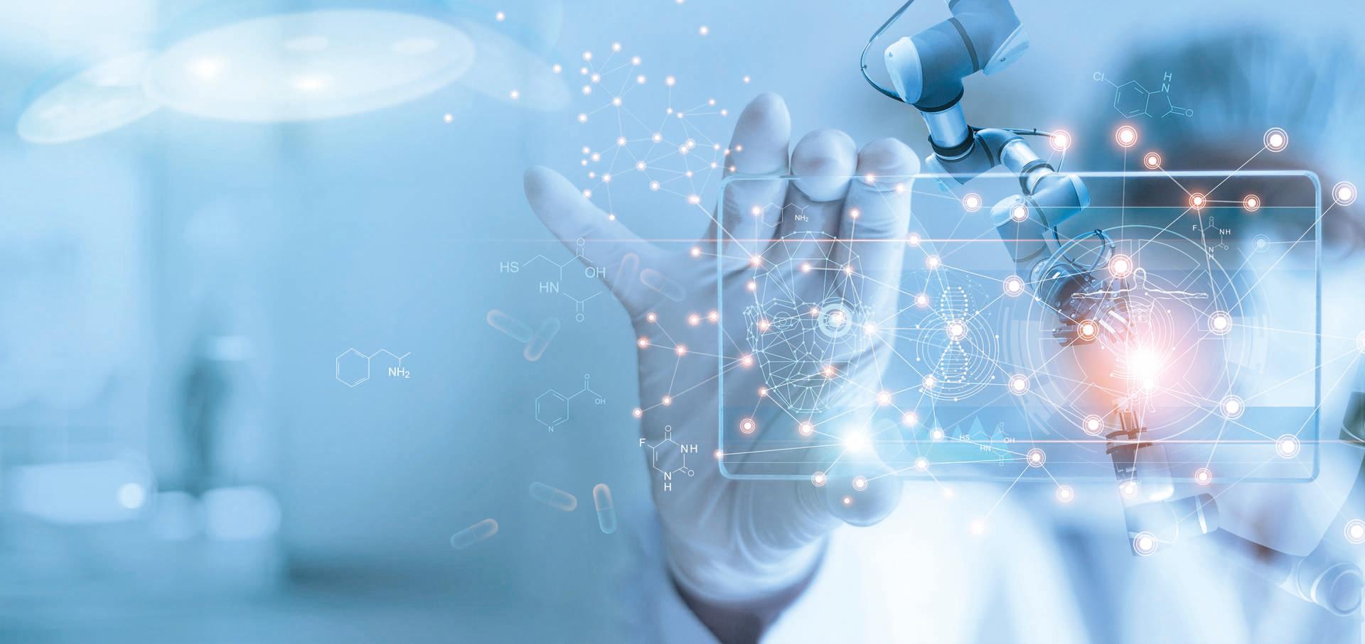 Roboteranalyse und Testergebnis von DNA für Ärzte und medizinische Assistenten auf modernen virtuellen Schnittstellen, Wissenschaft und Technologie, innovativ und zukunftsweisend für die medizinische Gesundheitsversorgung im Laborhintergrund.