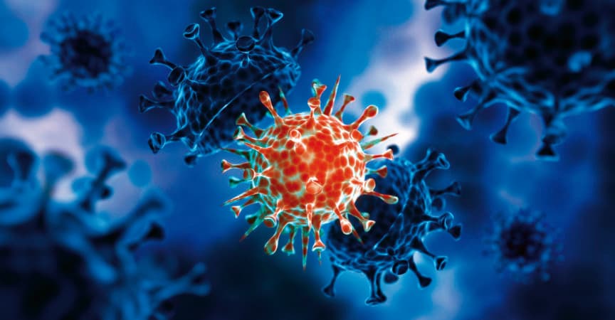 Corona-Virus-Mutations-Covid-19-Illustration mit dunkelblauem Zellhintergrund