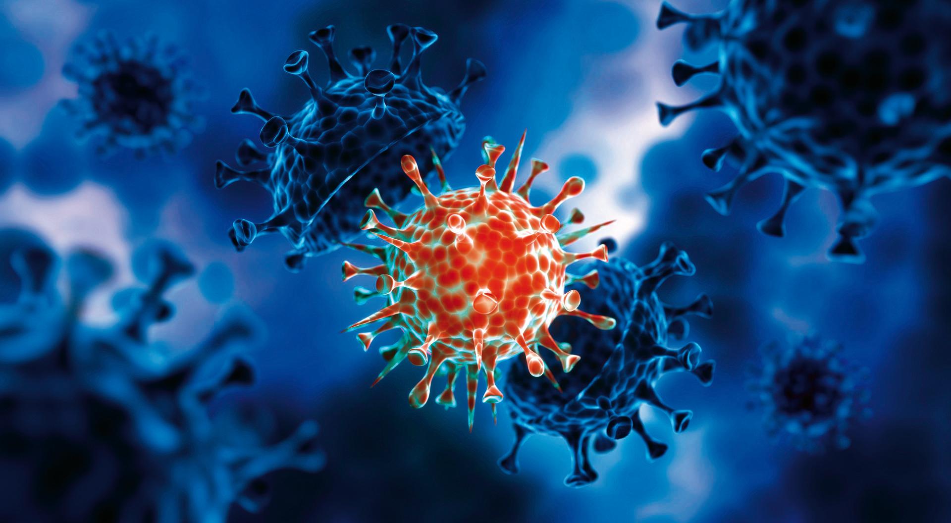 Corona-Virus-Mutations-Covid-19-Illustration mit dunkelblauem Zellhintergrund