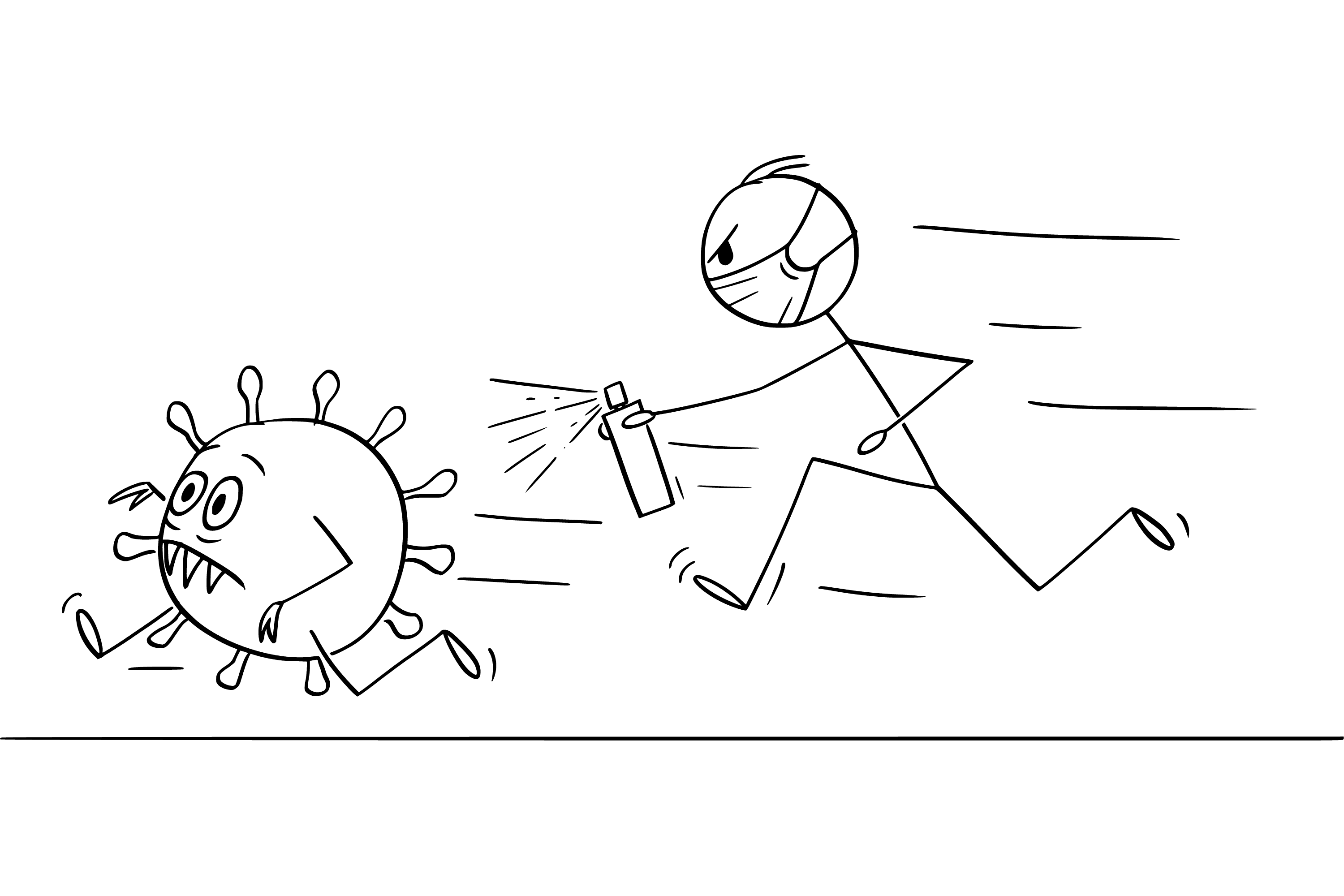 Strichmännchen jagt laufenden COVID-19-Virus mit Desinfektionsspray. Vektor-Cartoon-Zeichnung.