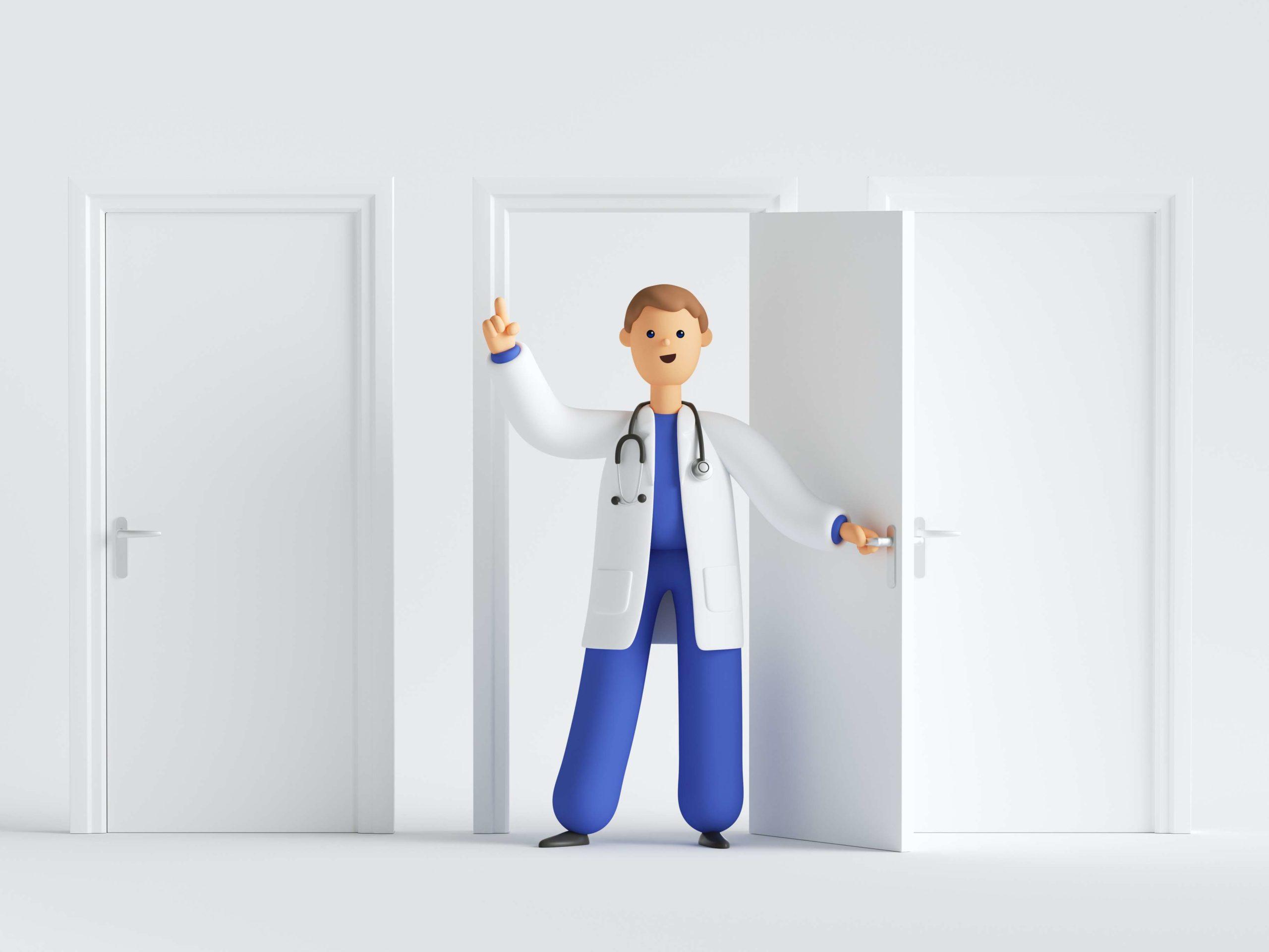 3d rendern, Karikaturcharakterarzt, der Uniform und offene Tür des Stethoskops im Krankenhaus trägt, Finger zeigt, medizinischen Hintergrund