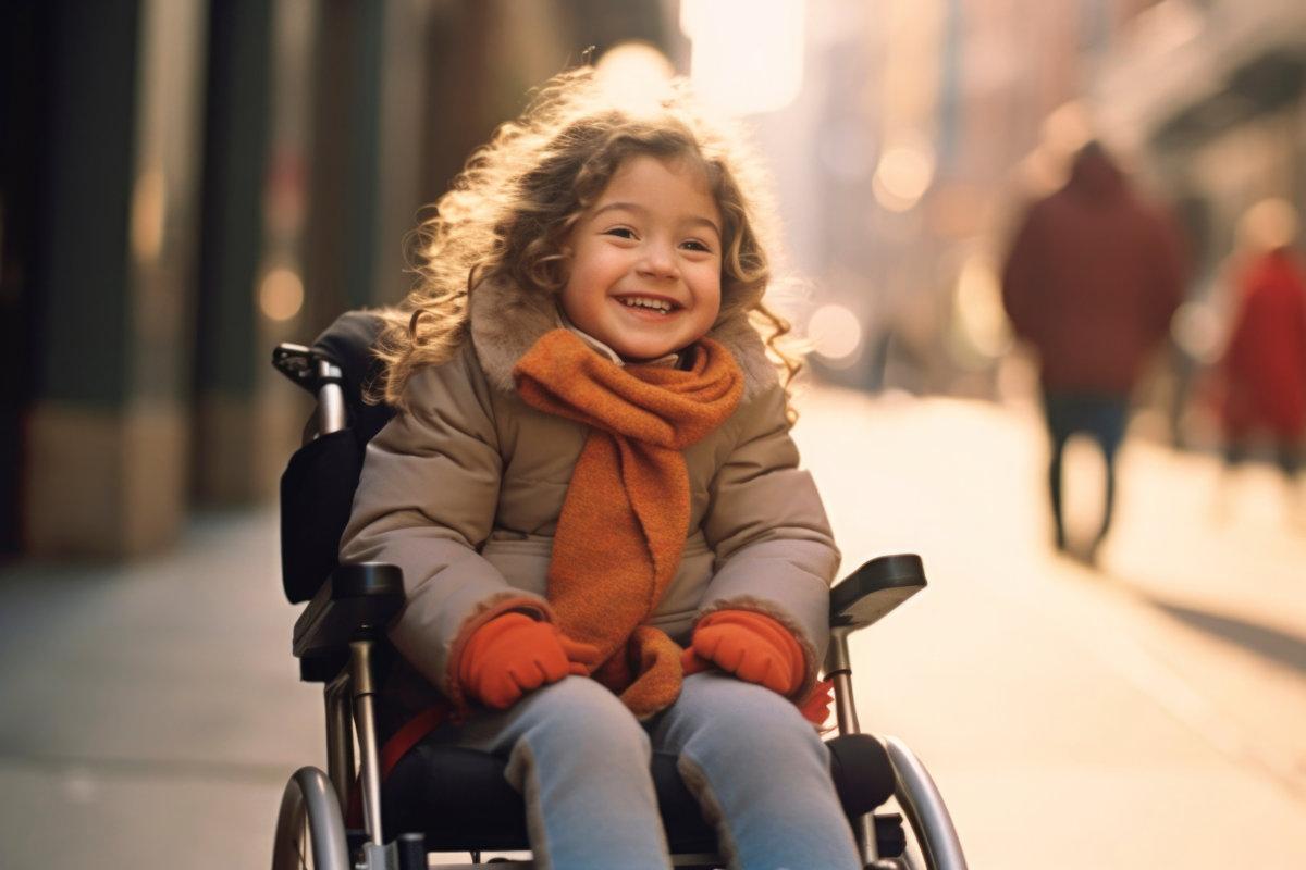 AI generated portrait of candid authentic joyful happy disabled child girl wheelchair outdoor fall