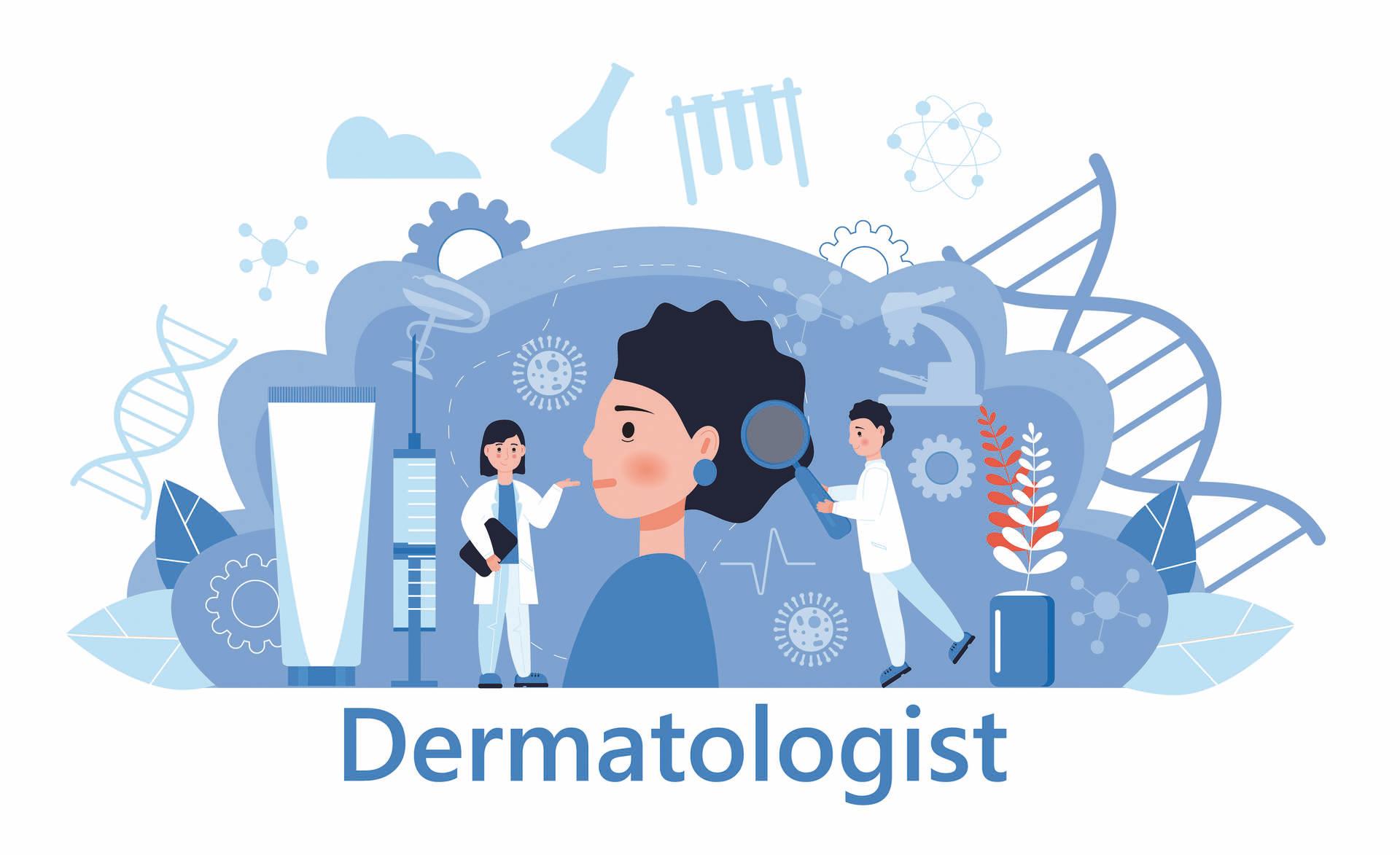 Dermatologe Konzeptvektor für medizinische Websites und Landing Pages, Blog. Hautkrankheiten und dermatologische Probleme. Psoriasis, Vitiligo, Dermatitis, Hautausschlag beim Menschen.