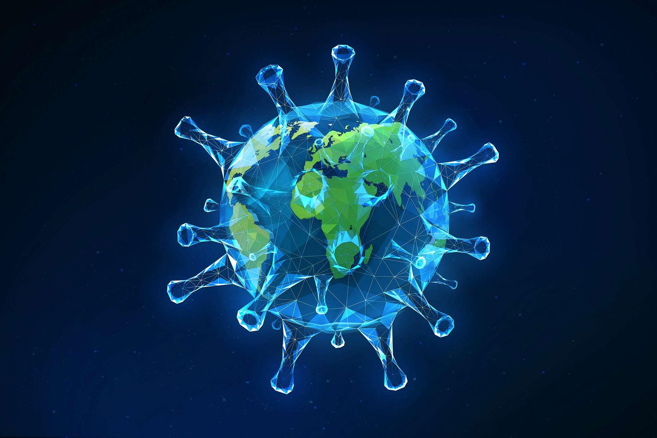 3D-Rendering des Planeten Erde, der wie eine Viruszelle aussieht.