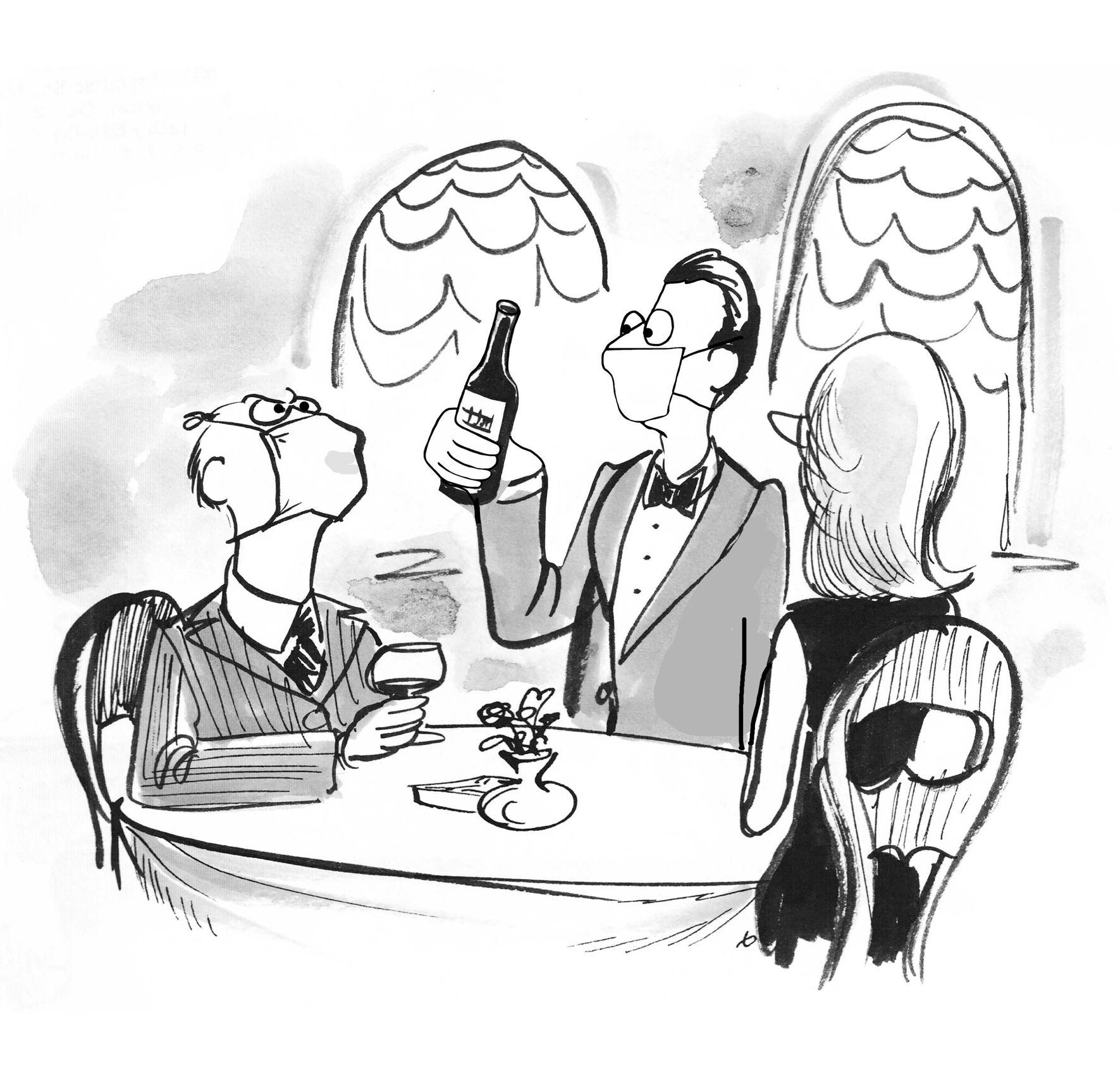 Ein Cartoon, der einen elitären, älteren Mann zeigt, der sich die Mühe macht, dass seine Gesichtsmaske ihn beim Trinken eines guten Weines stört.