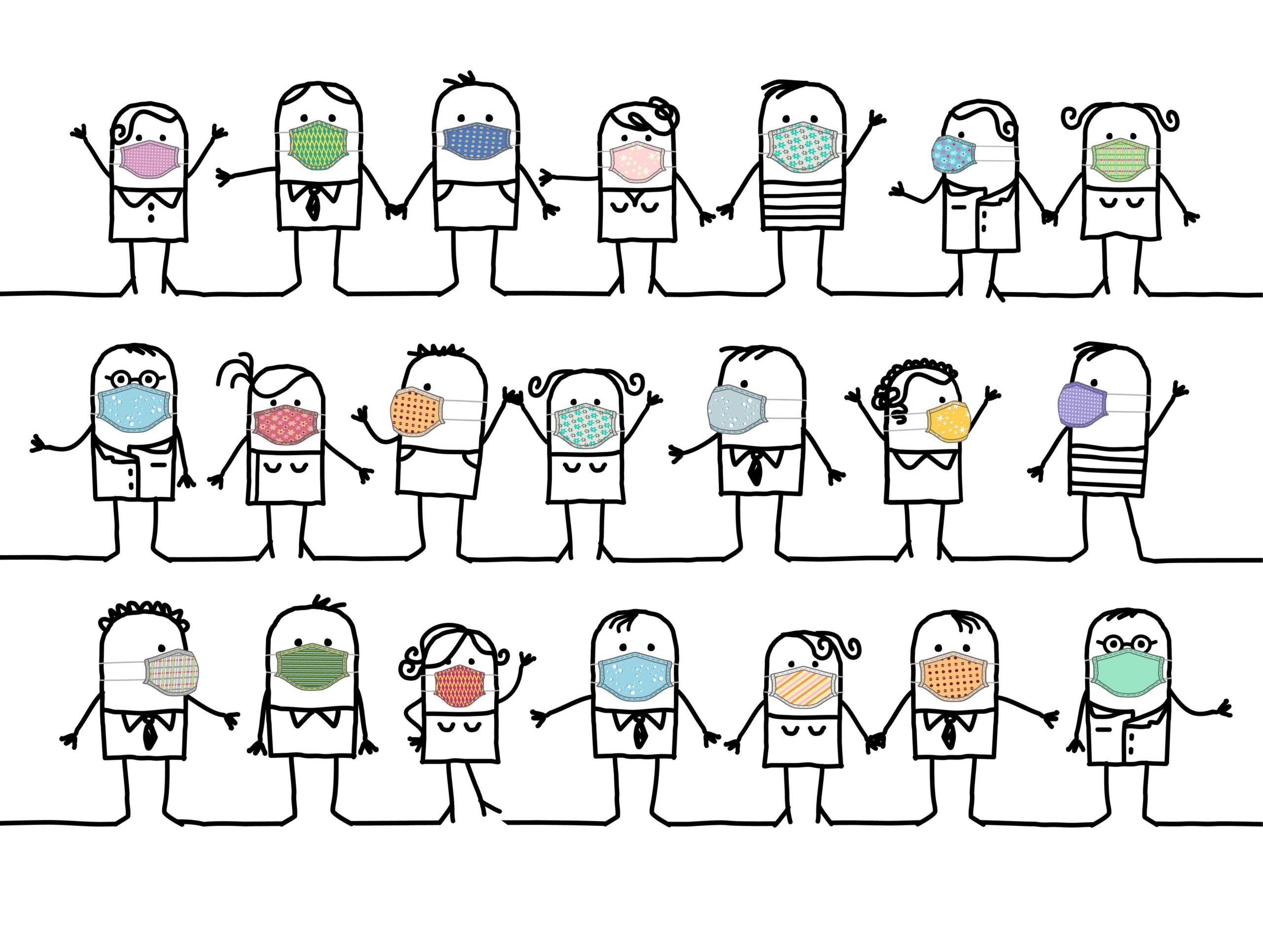 handgezeichnete Cartoon-Gruppe von Menschen, die hausgemachte farbige Schutzmasken tragen