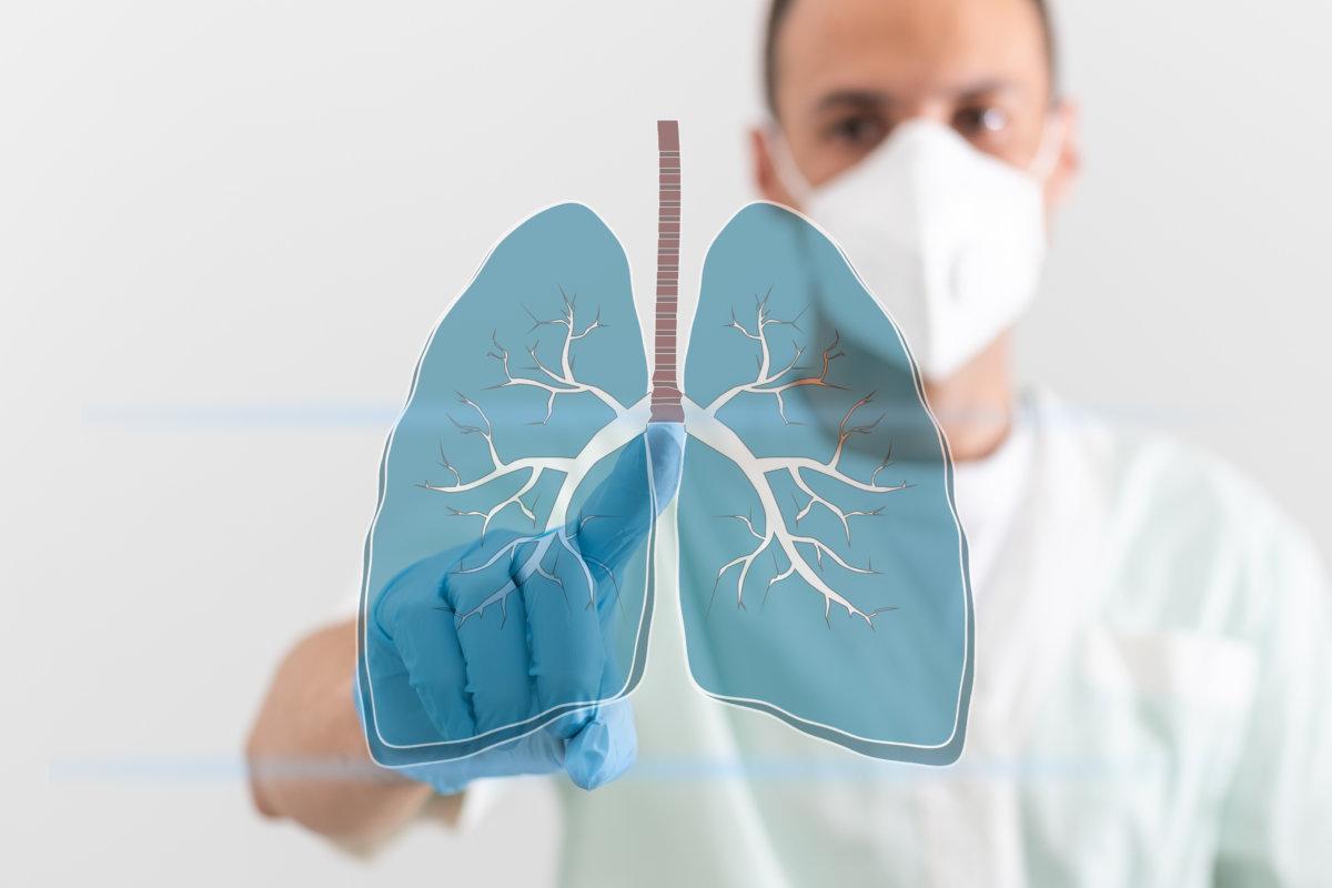 Ärztin hält virtuelle Lungen in der Hand.