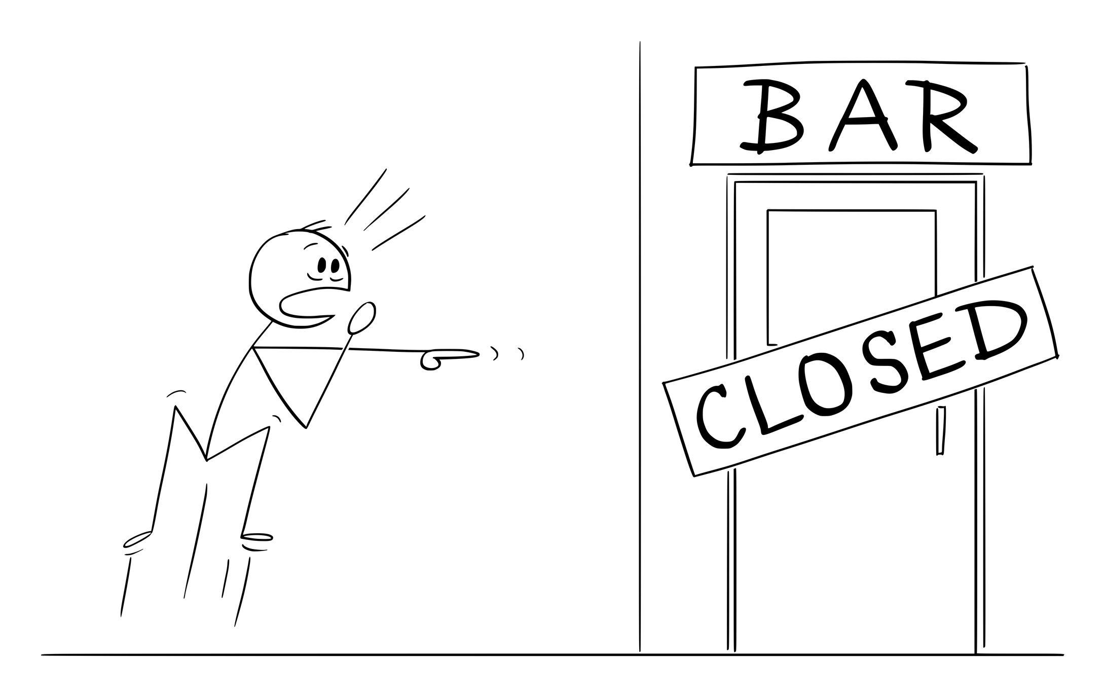 Vektor-Cartoon-Illustration des schockierten Mannes, der gerade herausgefunden hat, dass seine Bar oder Kneipe geschlossen ist. Konzept der Alkoholsucht.