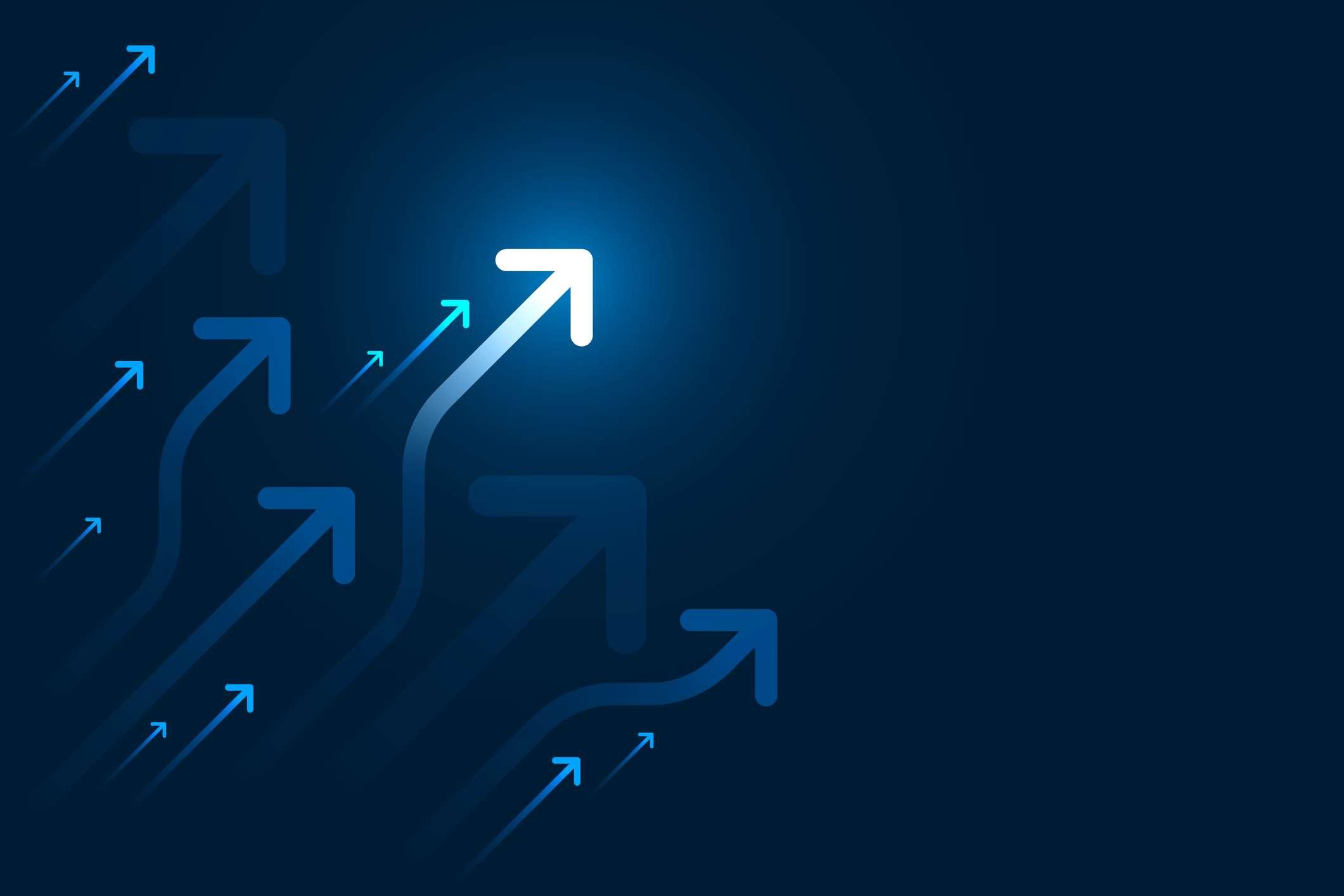 Lichtpfeilschaltung auf blauer Hintergrundillustration, Kopienraumzusammensetzung, Geschäftswachstumskonzept.