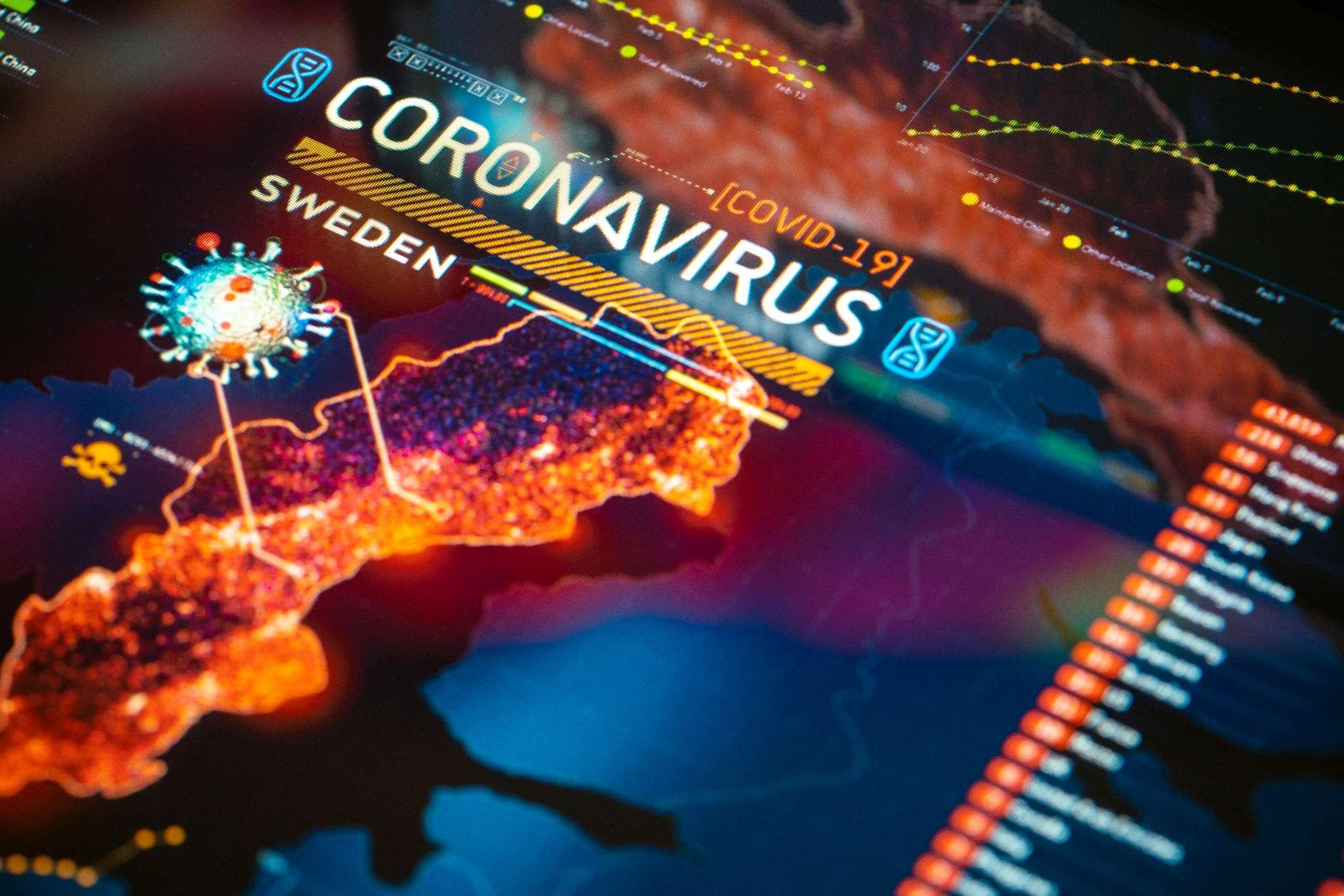 Coronavirus (COVID-19) Ausbruch in Schweden Statistik Nahaufnahme auf digitaler Anzeige. Quarantäne-Karte.