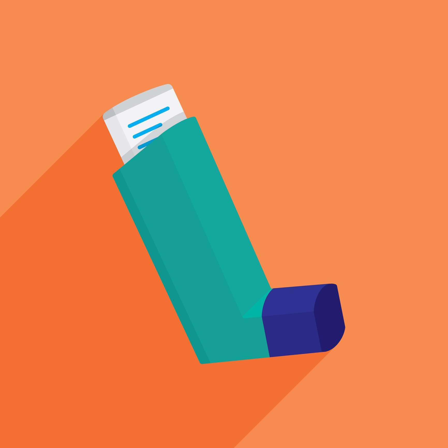 Vektor-Illustration eines Asthma-Inhalators vor einem orangefarbenen Hintergrund im flachen Stil.