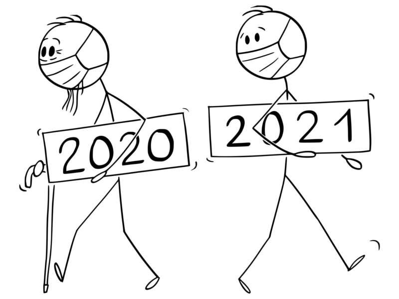 Vektor-Cartoon-Illustration des Jahres 2020 als alter Mann geht, neues Jahr 2021 kommt, beide tragen eine Coronavirus Covid-19-Schutzmaske