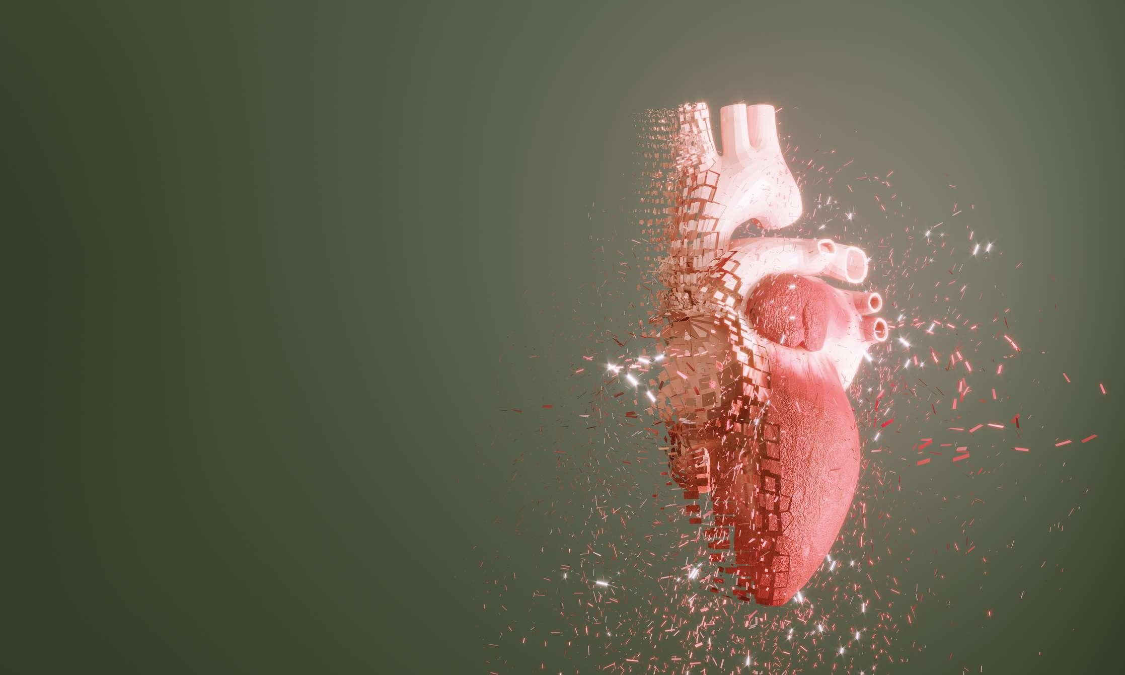 Digital erzeugtes sich auflösendes menschliches Herz, das die Gesundheit des Herzens symbolisiert. (3D-Darstellung)