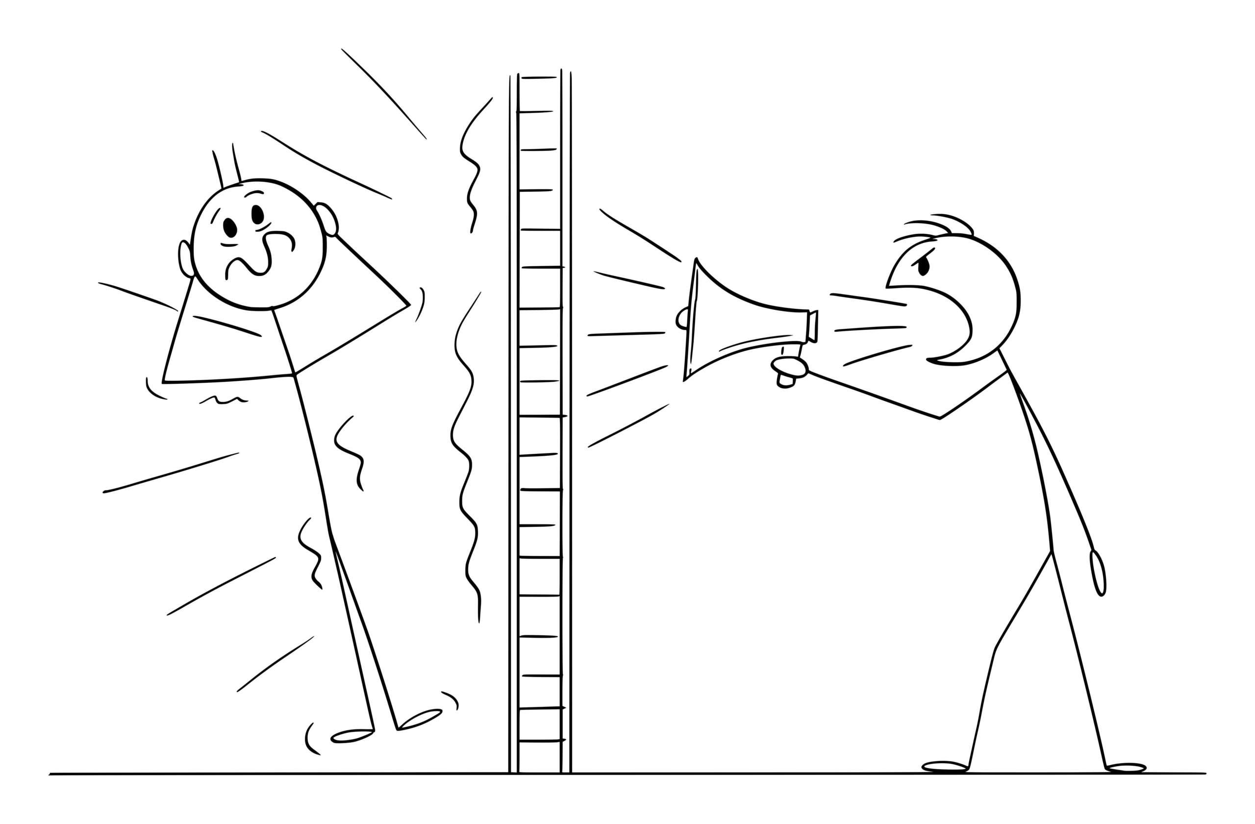Person oder Nachbar macht laute Geräusche mit Megaphon hinter der Wand, Vektor-Cartoon-Strichmännchen-Illustration