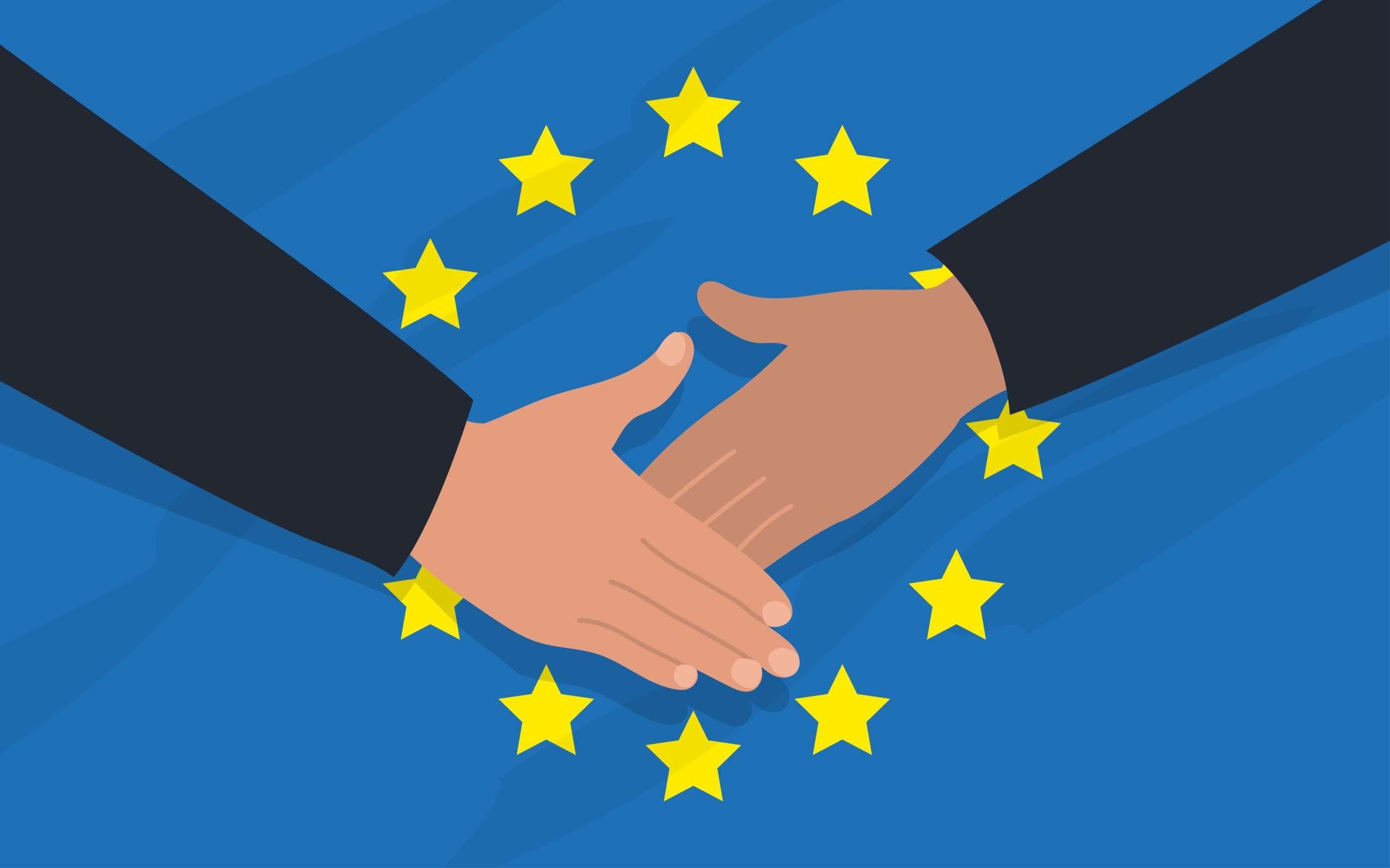 Händedruck von zwei Personen auf dem Hintergrund der EU-Flagge. Diplomatie, Politik, Freundschaft. Vektorbild.
