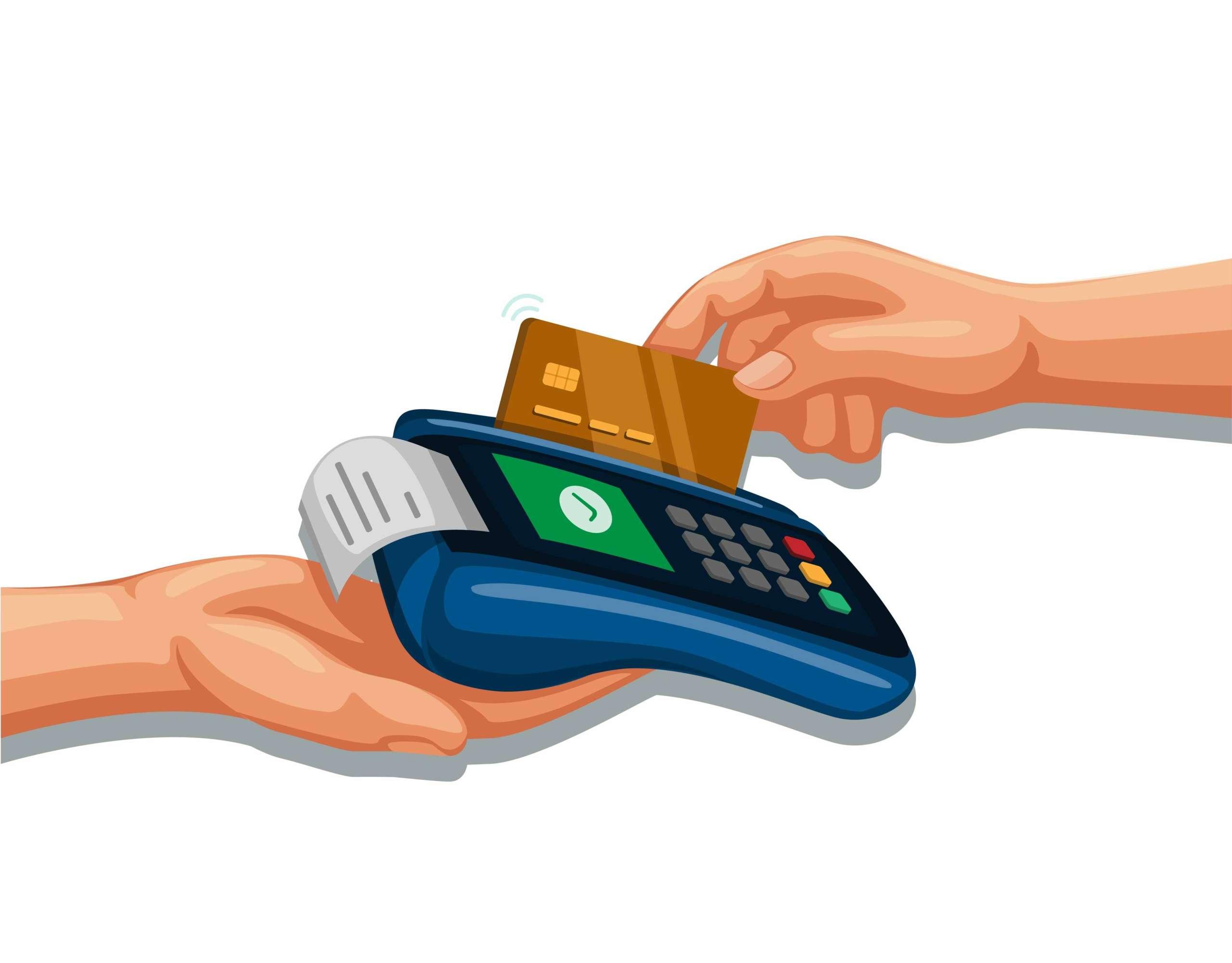 Kreditkarte mit Handdurchzug auf Zahlungsgerät, mobiles Banking und Einkaufssymbolkonzept Cartoon-Illustrationsvektor