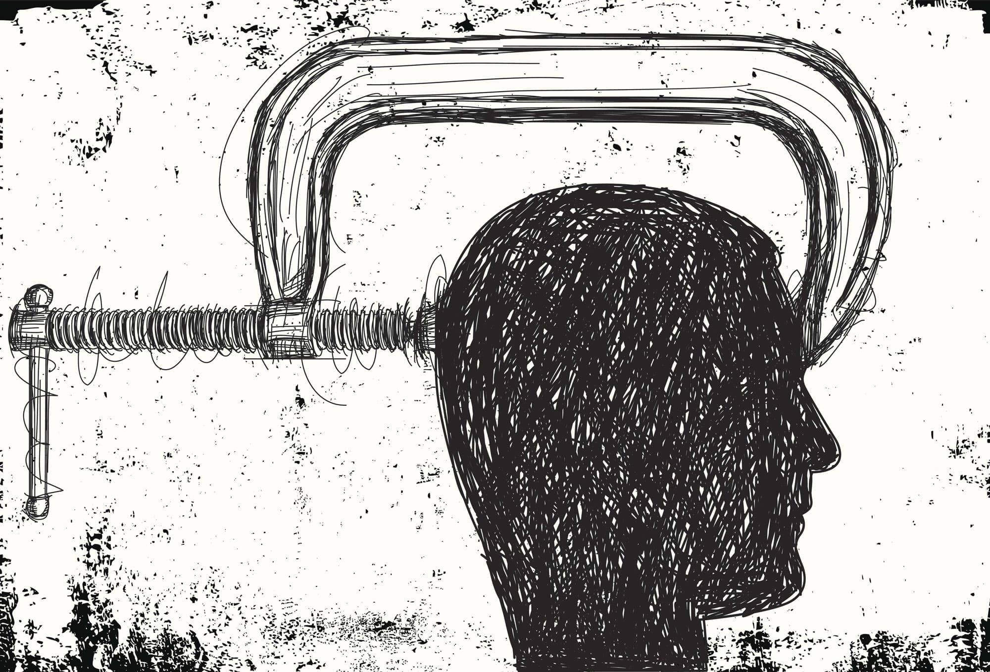 iStock_retrorocket_illustration_kopf_schraubstock_kopfschmerz-457717153