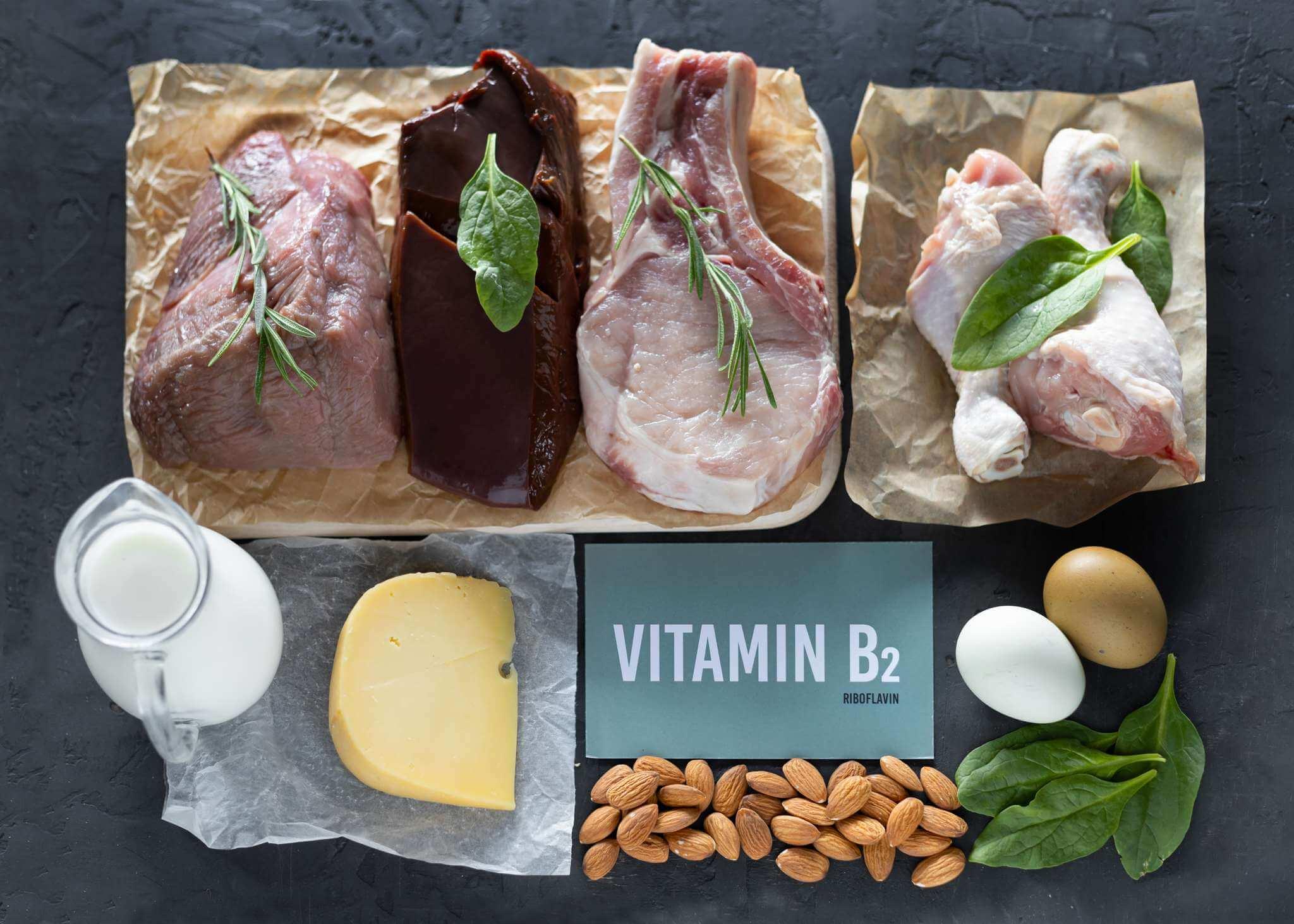 Eine Reihe von Naturprodukten, die reich an Vitamin B2 Riboflavin sind. Gesundes Ernährungskonzept. Grünes Kartonschild mit der Aufschrift.