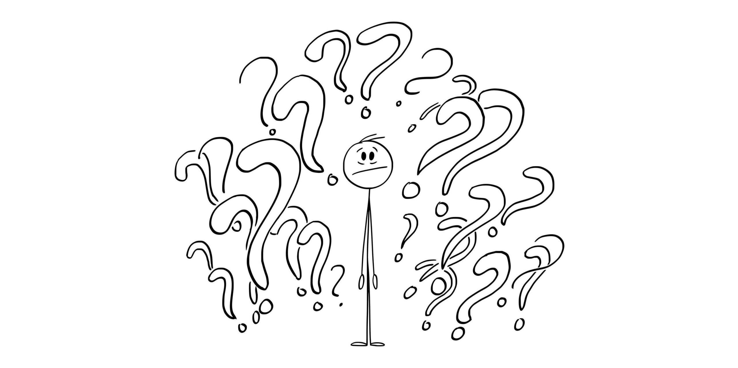 Person, umgeben von Fragezeichen oder Symbolen, unsicher auf der Suche nach Antworten, Vektor-Cartoon-Strichmännchen-Illustration