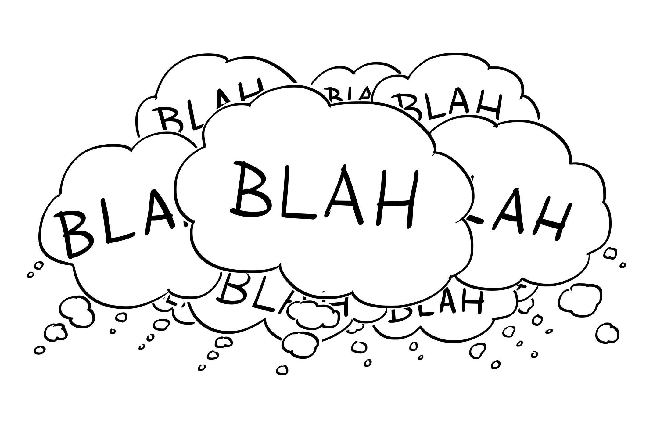 Cartoon konzeptionelle Zeichnung oder Illustration einer Gruppe von Text- oder Sprechblasen oder Blasen, die Blabla sagen.