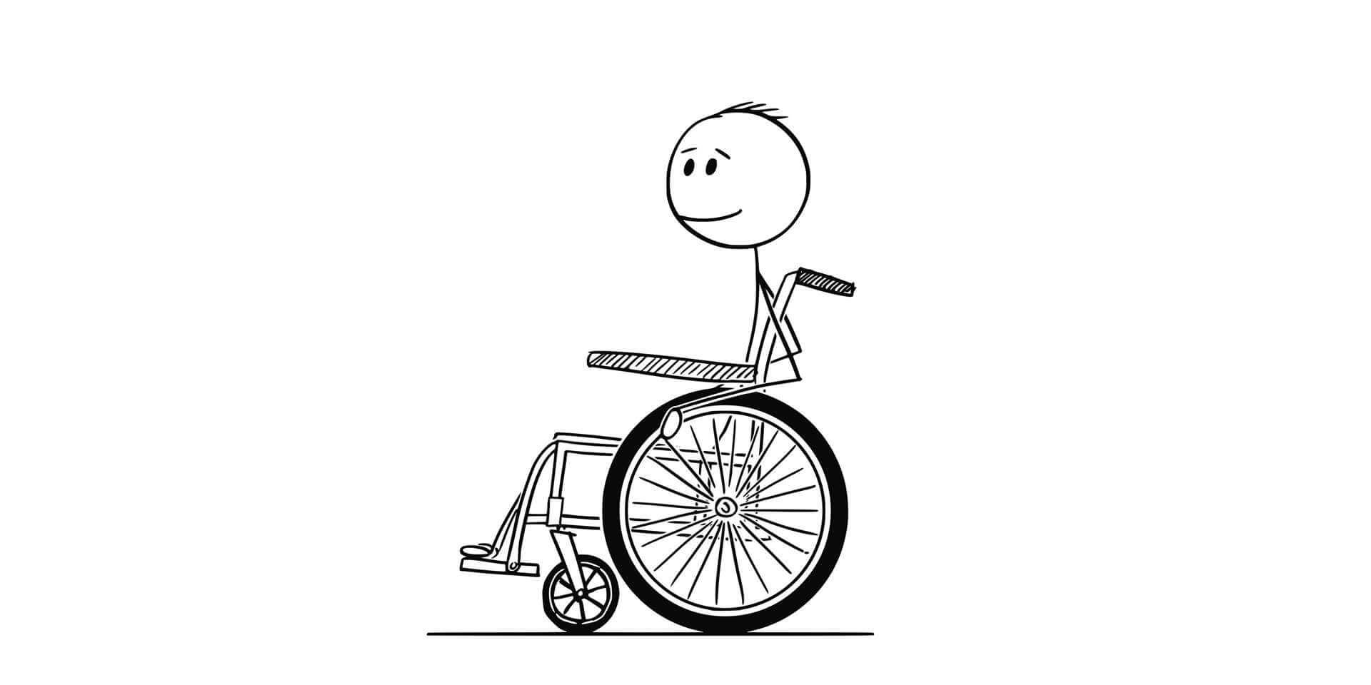Cartoon Stick Zeichnung konzeptionelle Illustration eines lächelnden behinderten Mannes, der auf einem Rollstuhl sitzt.