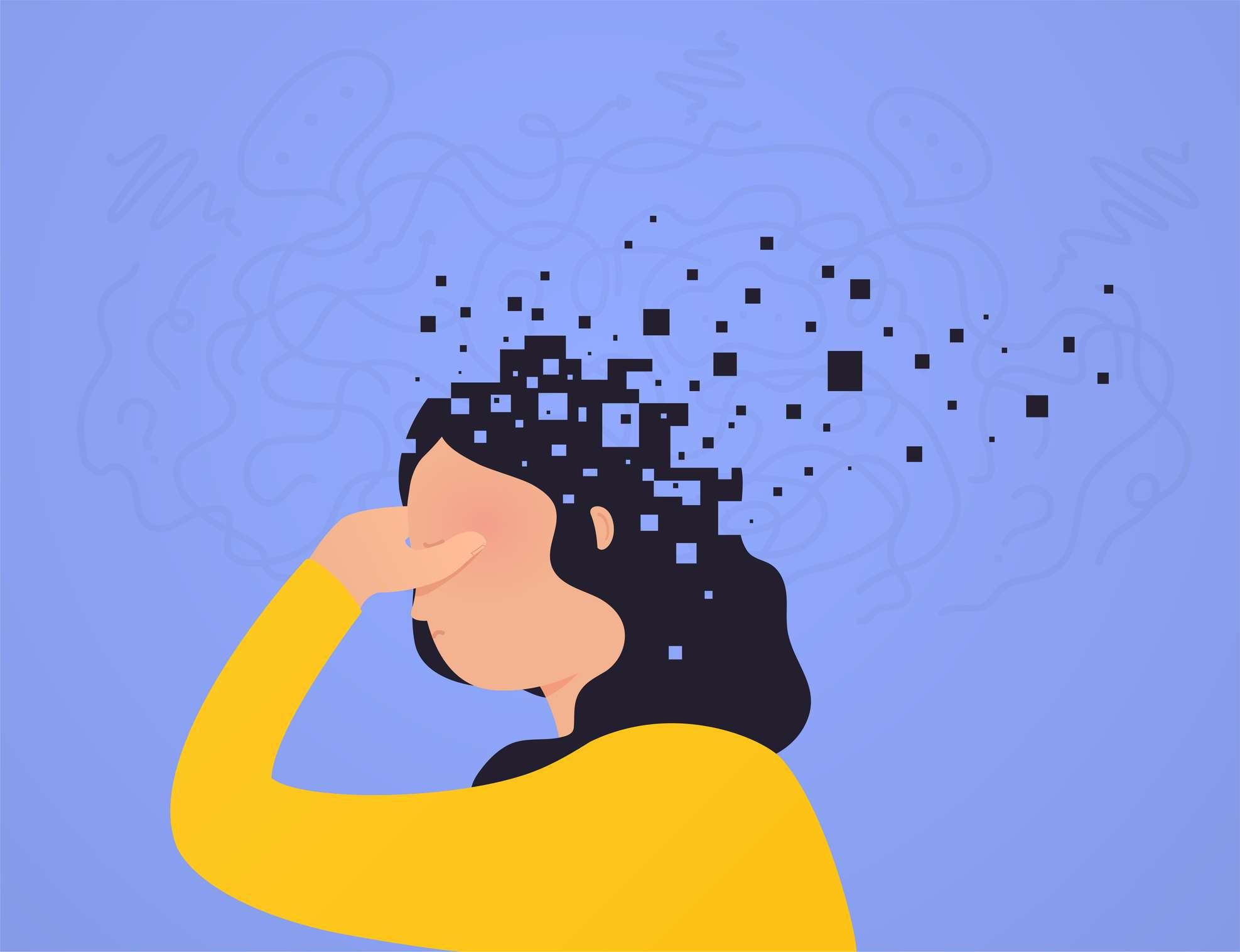 Gehirnschaden. Frau verliert einen Teil des Kopfes, der auseinanderfällt, Pixel. Konzept psychische Gesundheit, verminderte Funktionen Geist.