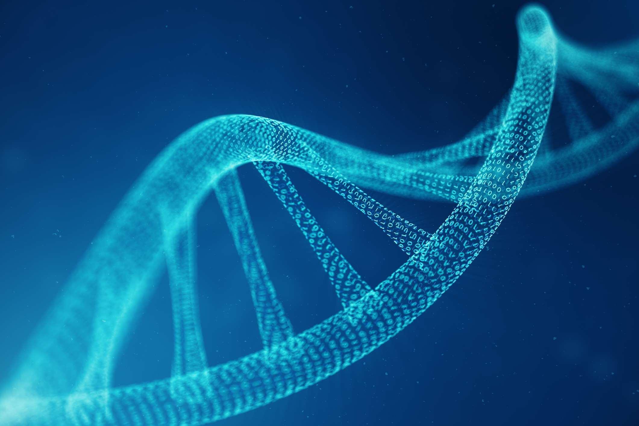 Künstliches Intelligenz-DNA-Molekül. DNA wird in einen binären Code umgewandelt. Konzept Binärcode-Genom. Abstrakte Technologiewissenschaft, Konzept künstliche DNA. 3D-Darstellung
