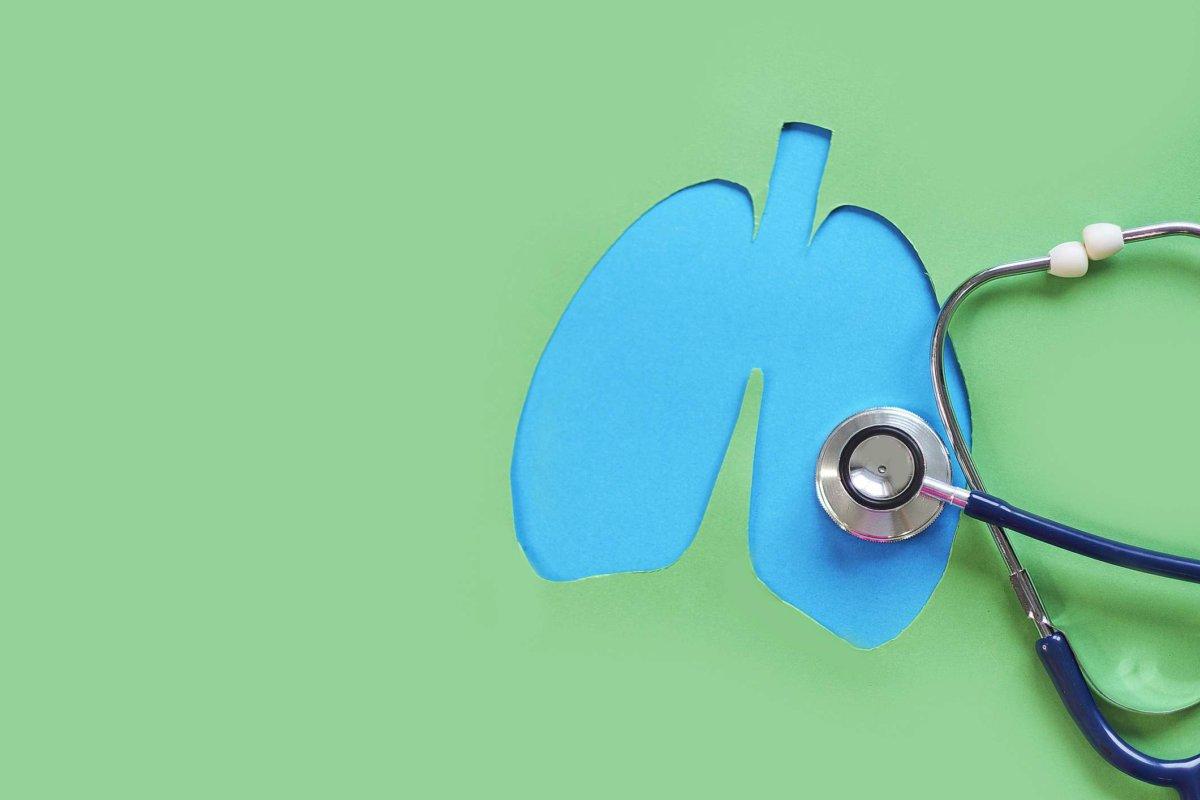 Medizinisches Konzept der Lungengesundheitstherapie. Silhouette der Lunge und ein Stethoskop auf grünem Hintergrund. Konzept von Atemwegserkrankungen, Lungenentzündung, Tuberkulose, Bronchitis, Asthma, Lungenabszess
