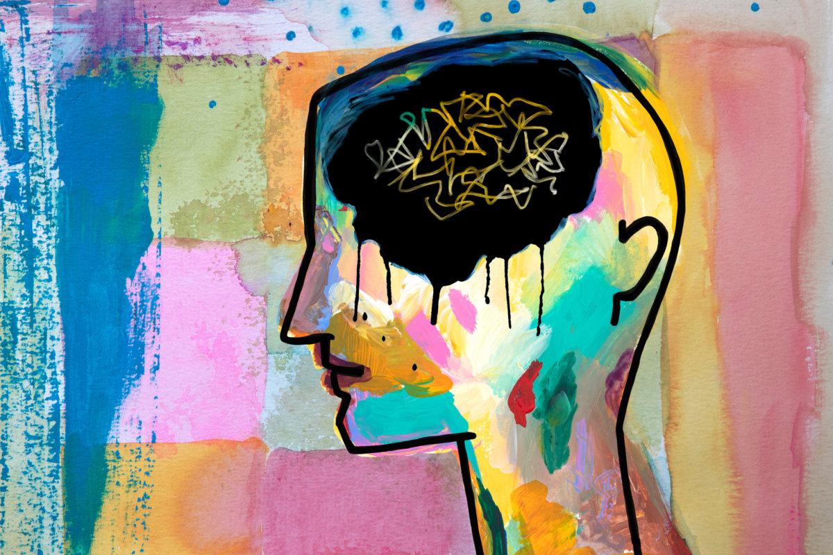 Kopf einer Person mit chaotischem Gedankenmuster, Depression, Traurigkeit &#8211; Konzept der psychischen Gesundheit
