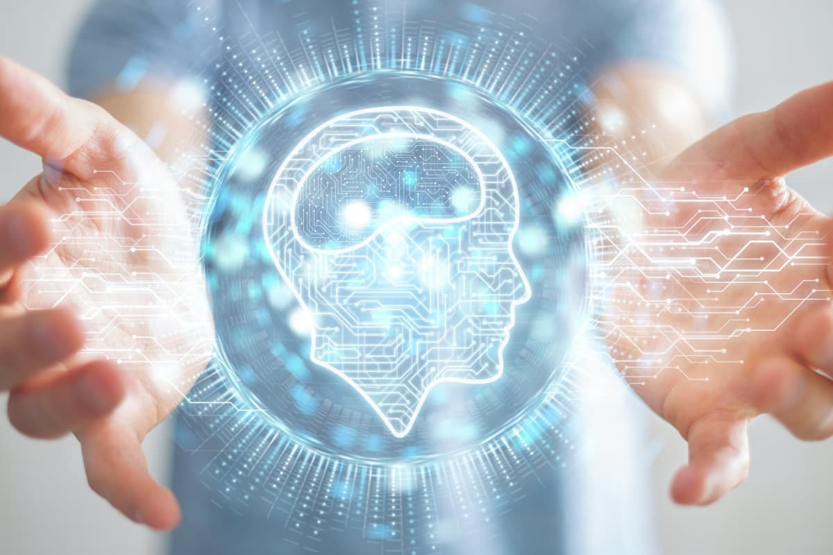 Geschäftsmann auf verschwommenem Hintergrund mit digitalem Hologramm-3D-Rendering für künstliche Intelligenz