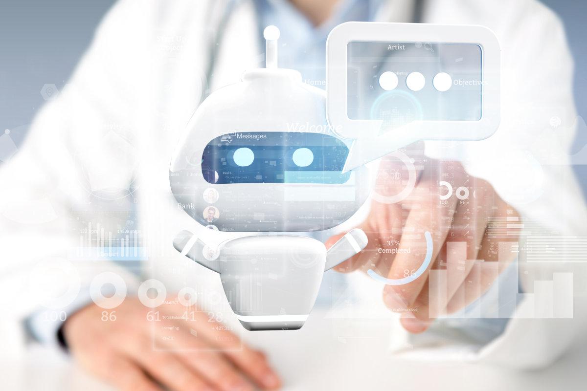 View of Doctor holding Chatbot with binary code, message and data 3d rendering